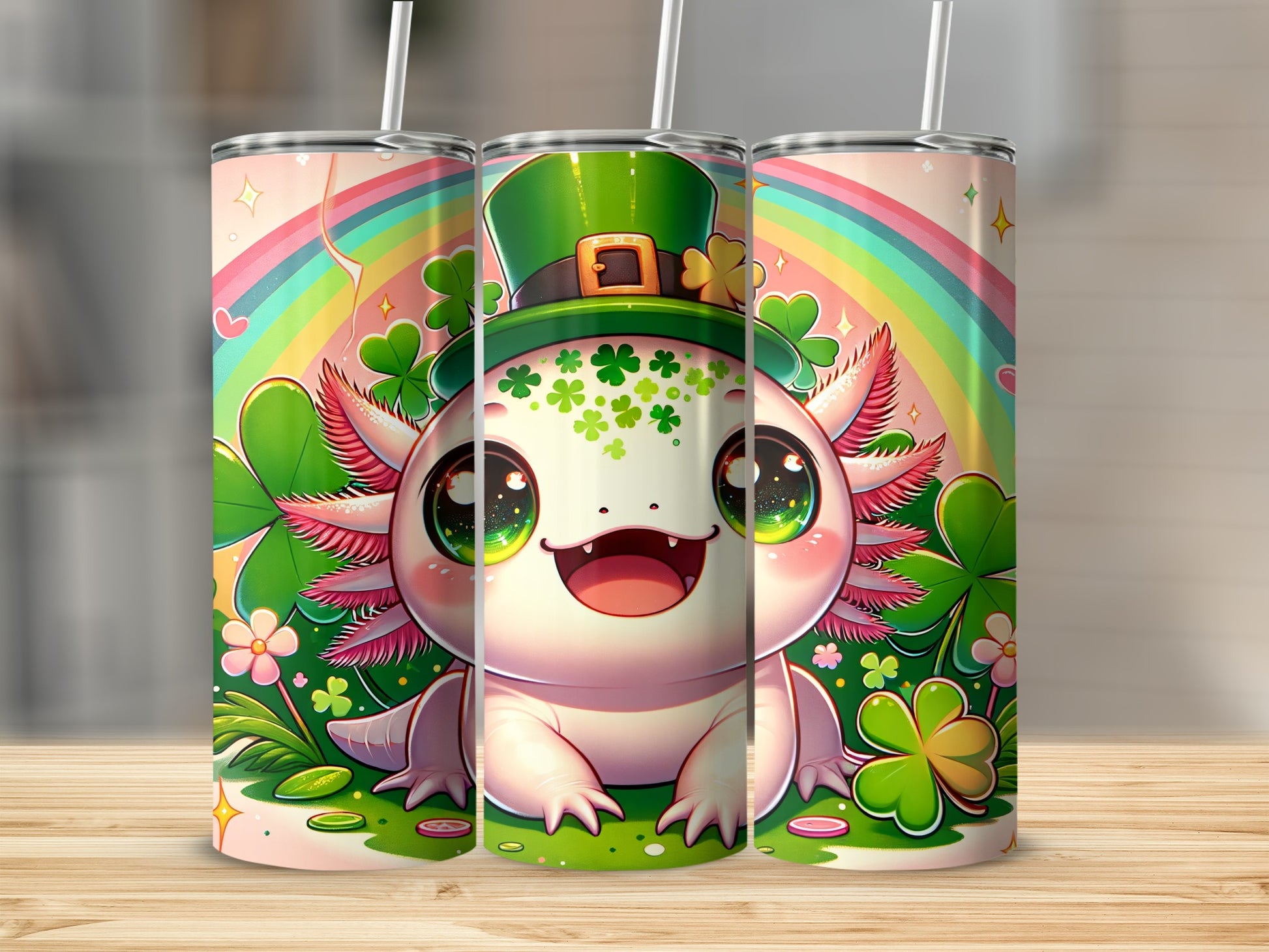 Cute axolotl in a green hat with shamrocks and a rainbow.