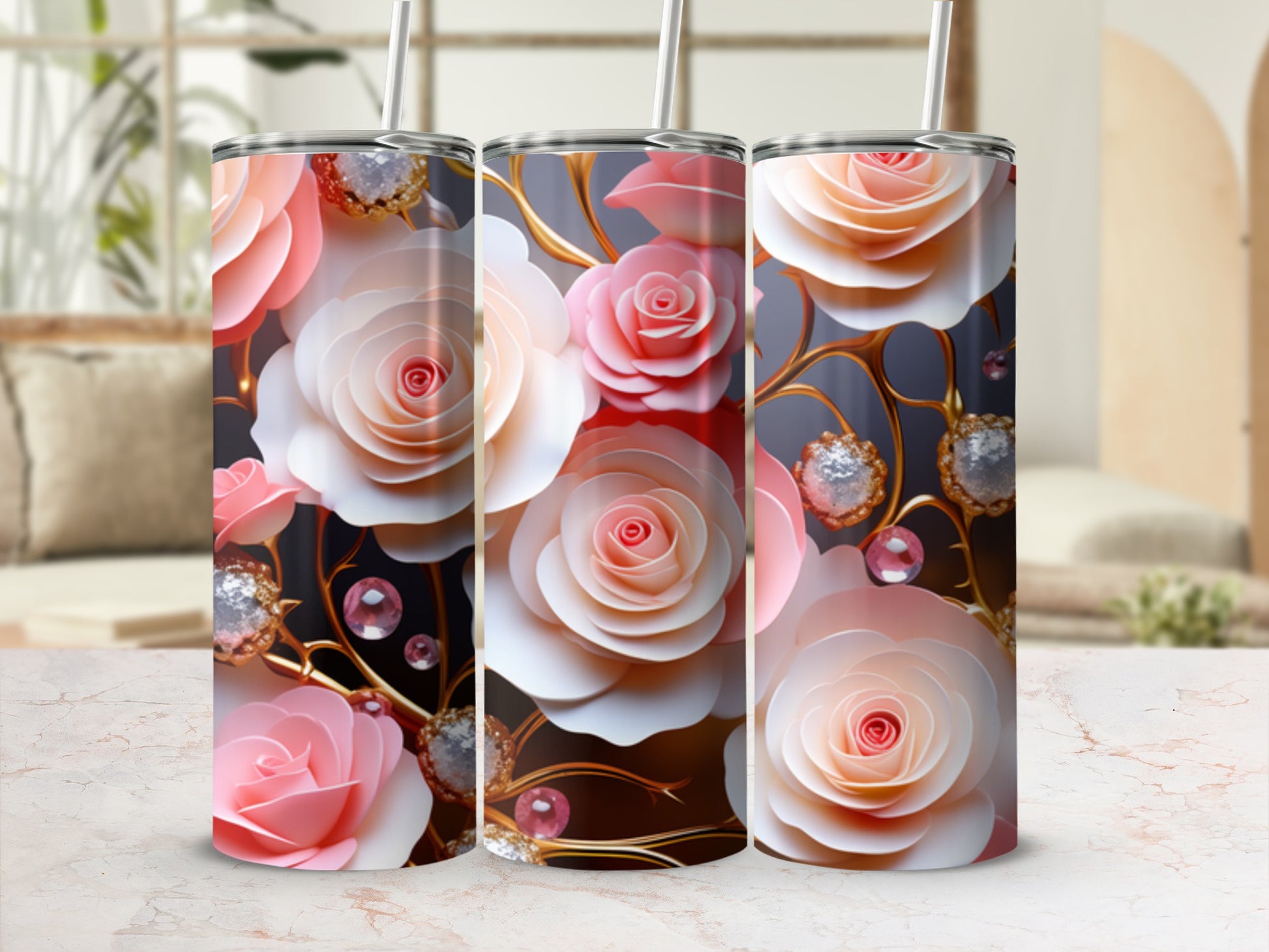 Pink and white roses with gold accents on a patterned tumbler.