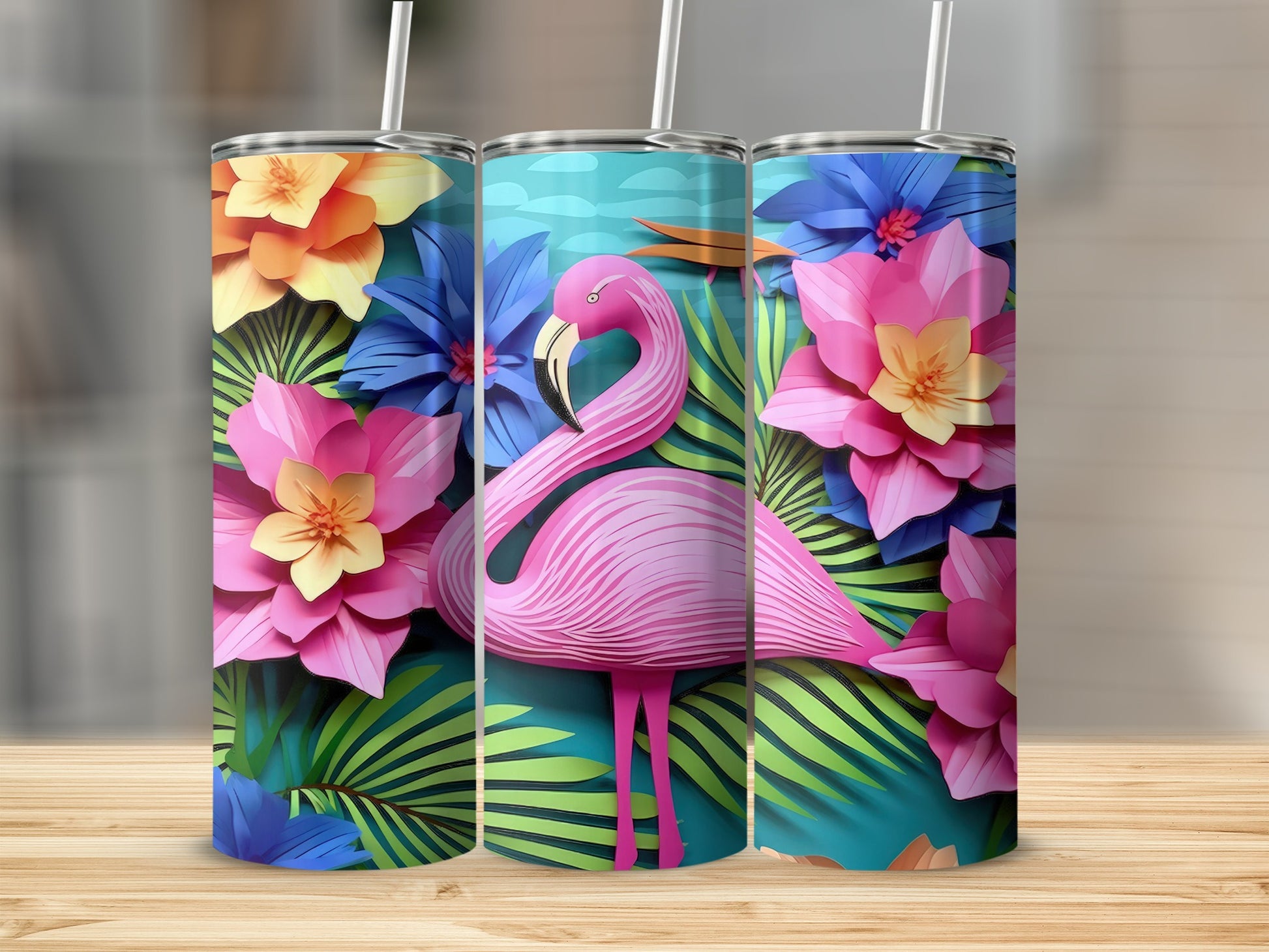 Vibrant Floral and Flamingo Design Insulated Tumbler