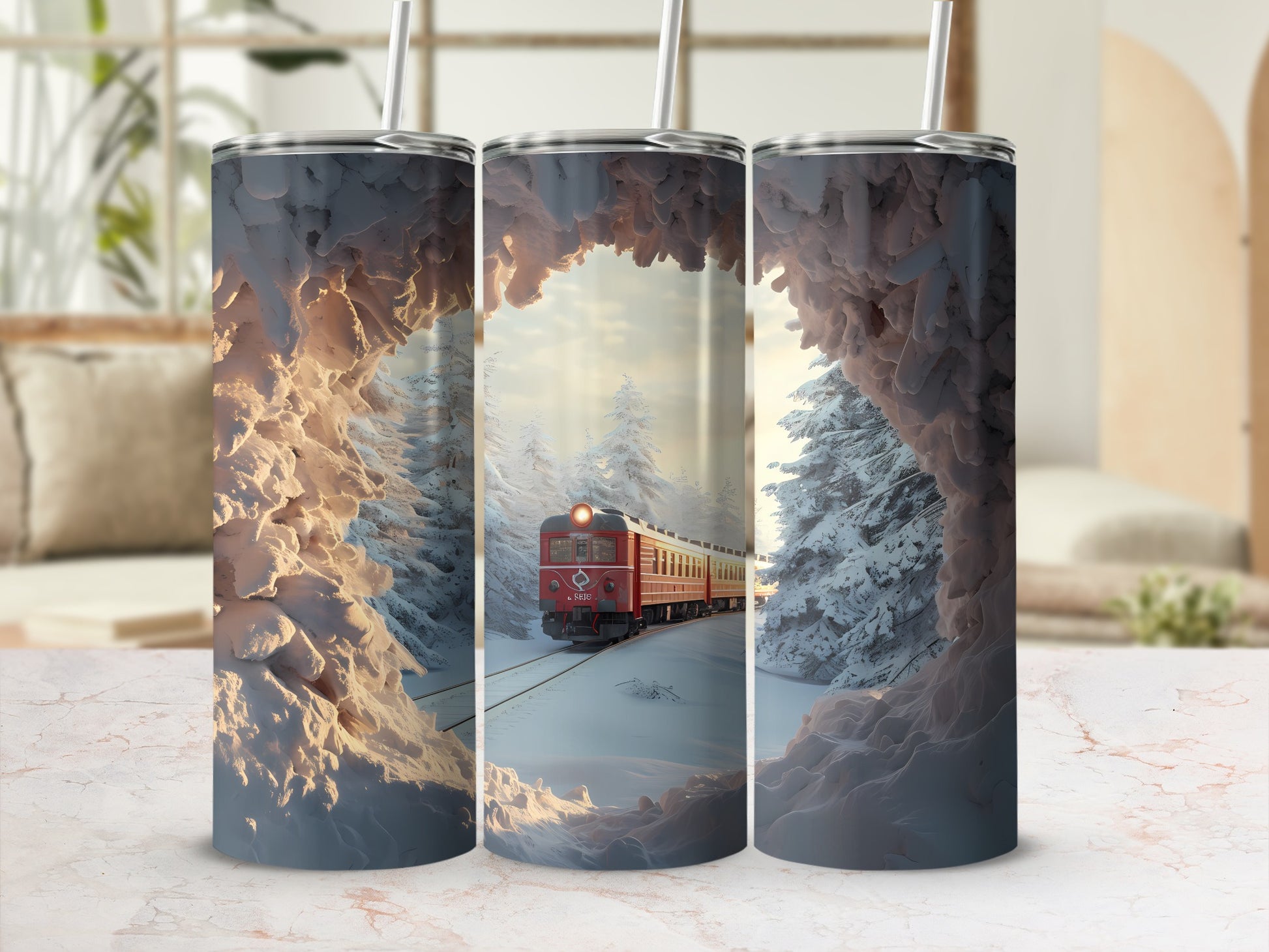 Train in snowy forest scene on three tumblers.