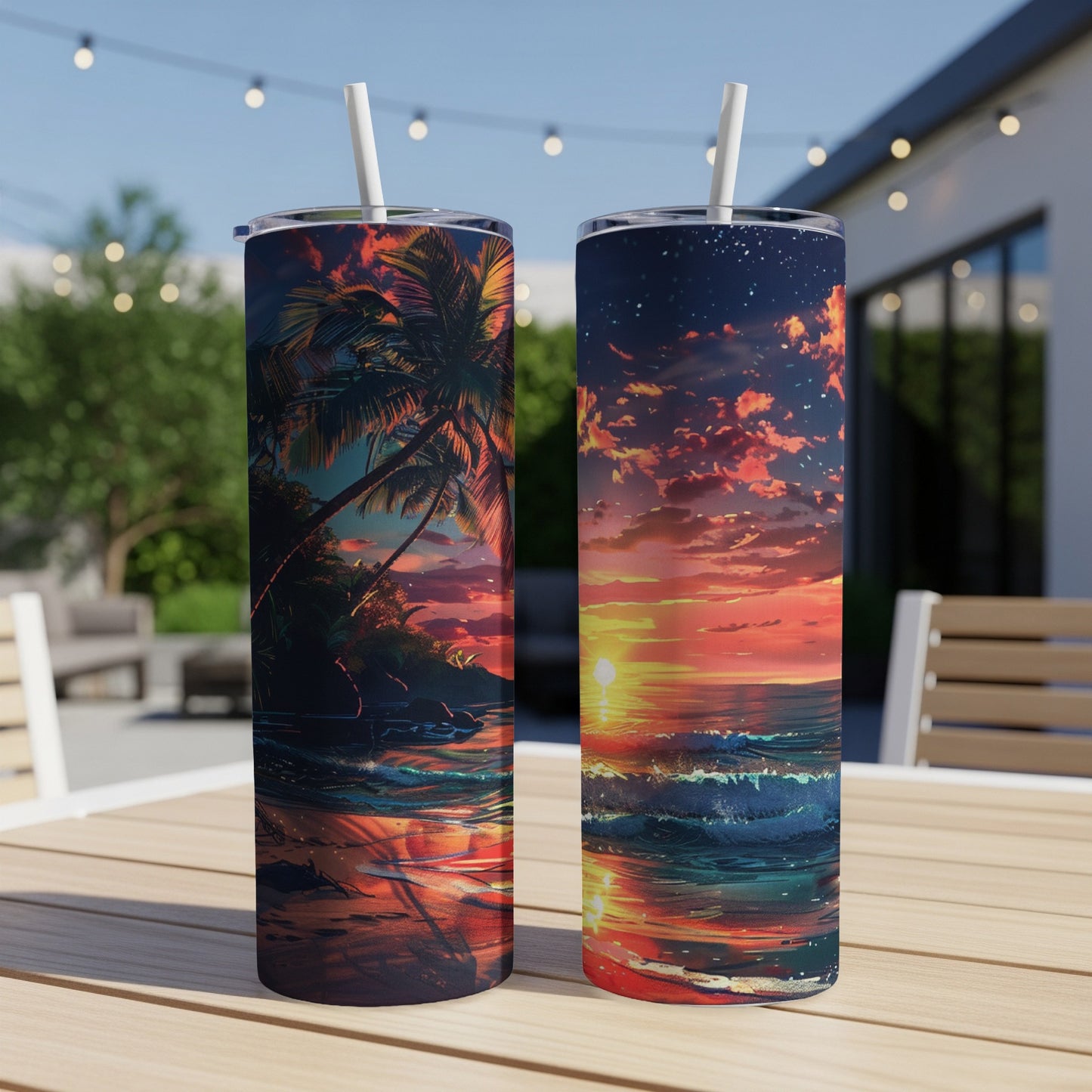 Two tumblers with sunset beach scene designs sit on a table outdoors.