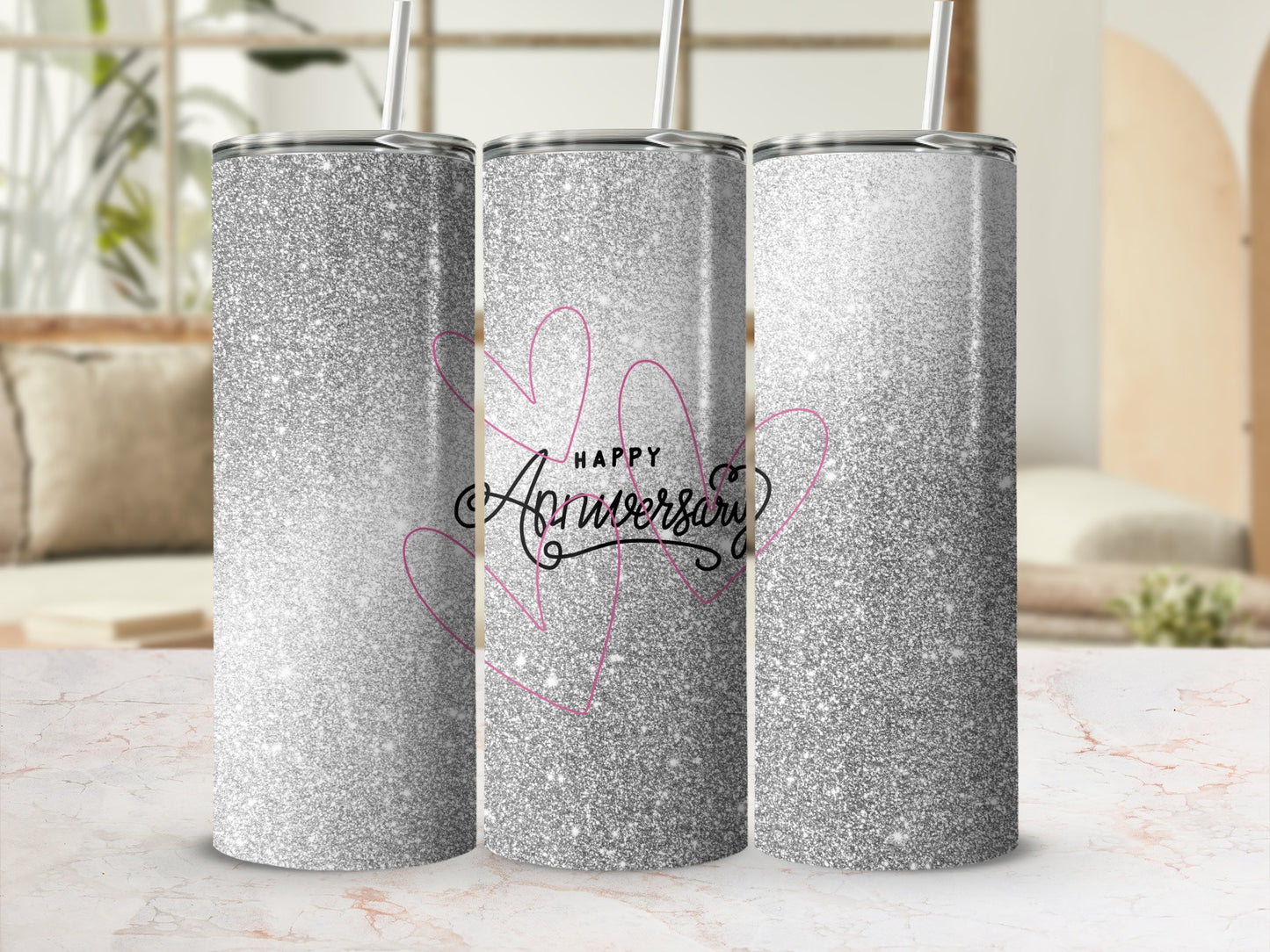 Silver glitter tumbler with "Happy Anniversary" text and pink hearts.
