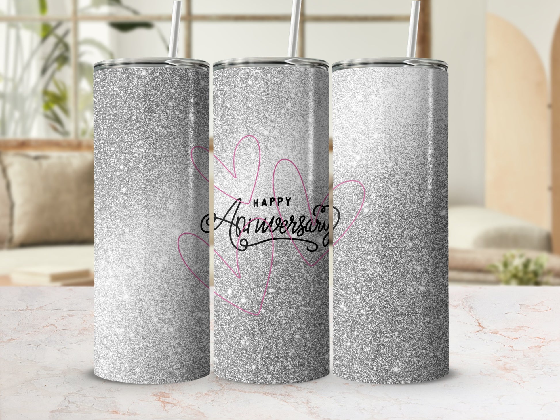 Silver glitter tumbler with "Happy Anniversary" text and pink hearts.