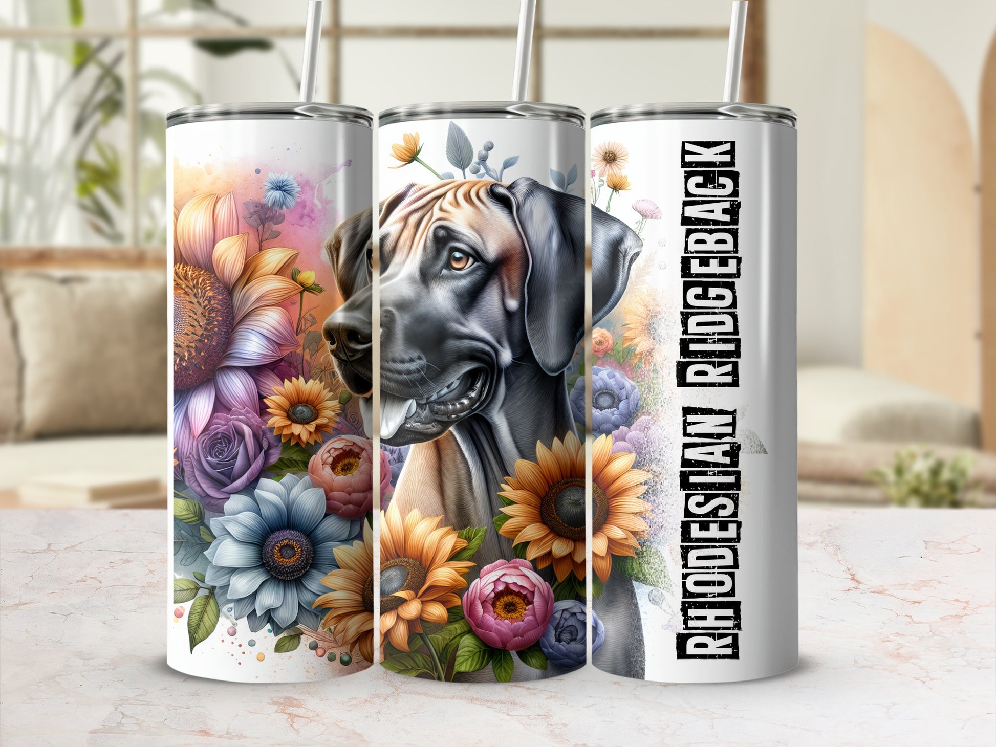 Rhodesian Ridgeback tumbler with floral accents and text.