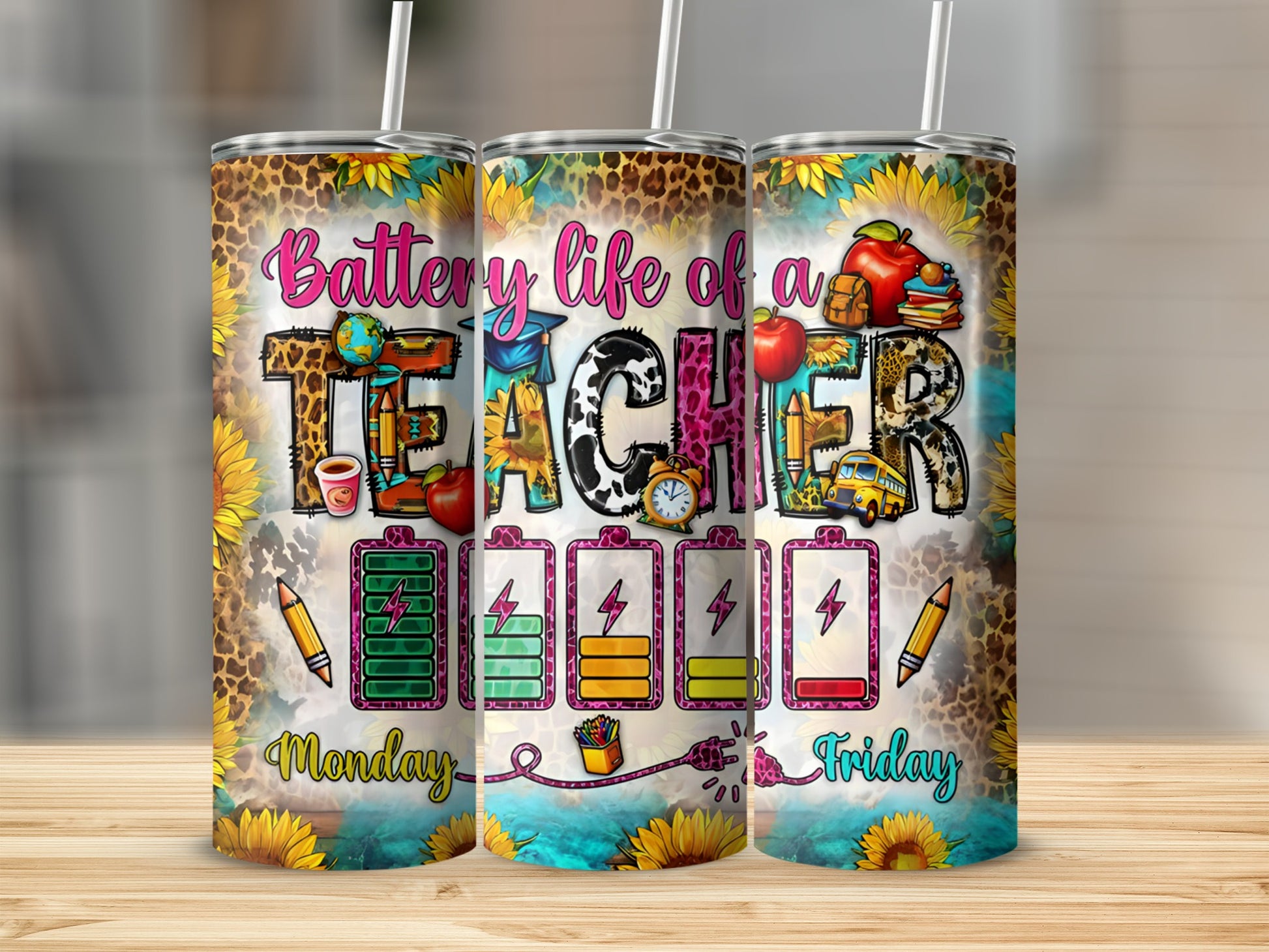 Teacher tumbler with apples, pencils, sunflowers, and charging battery graphics.