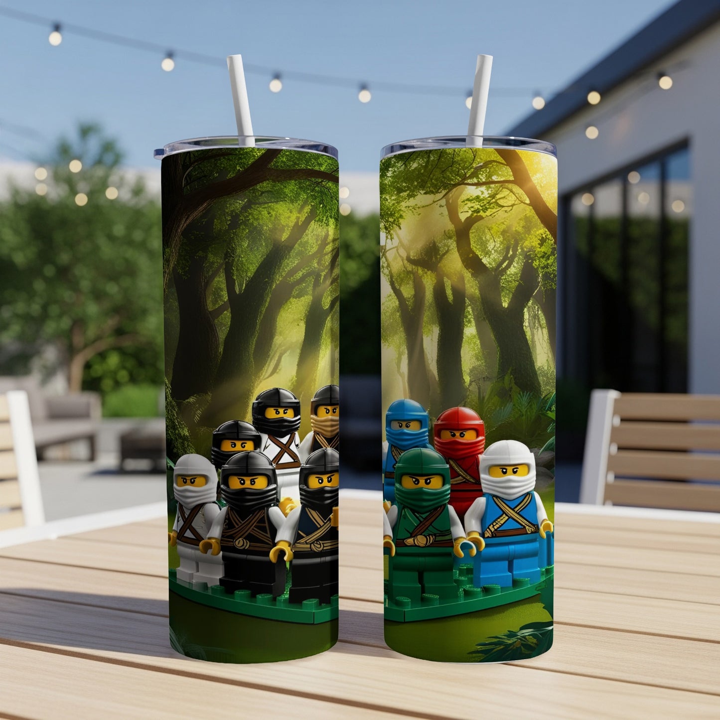 Two tumblers with Ninjago characters standing in a forest.