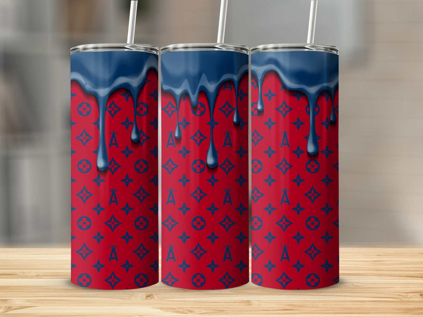 Blue Paint Dripping Red Background Designer Inspired Tumblers