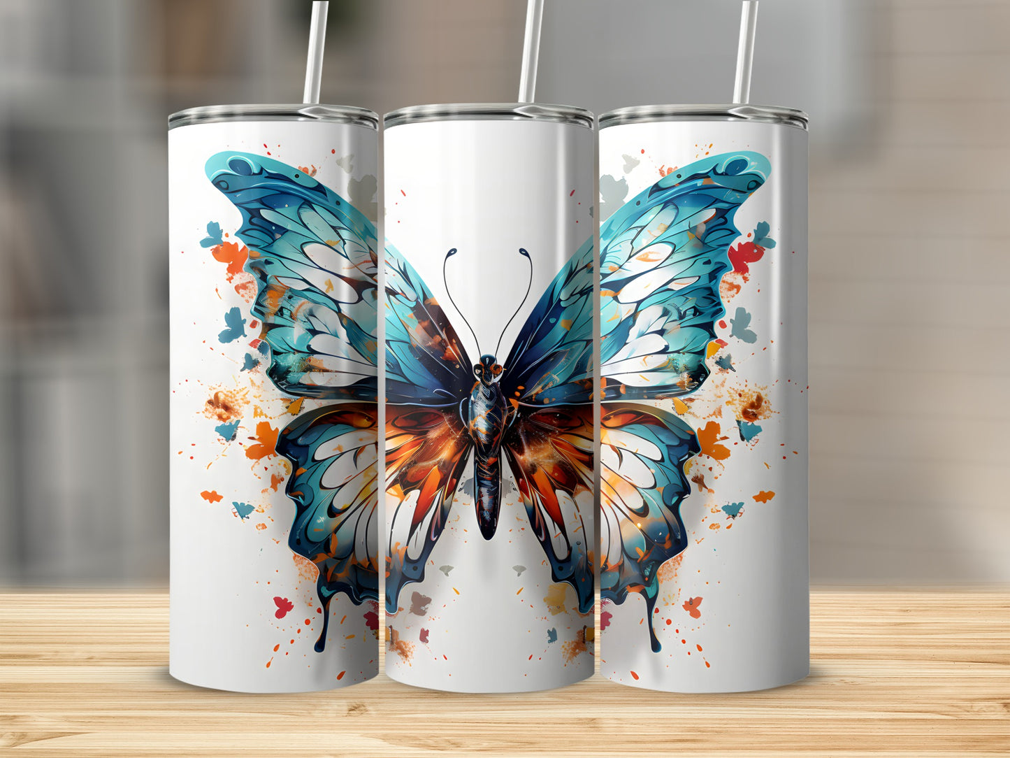 White tumblers with colorful butterfly design and splatter accents.