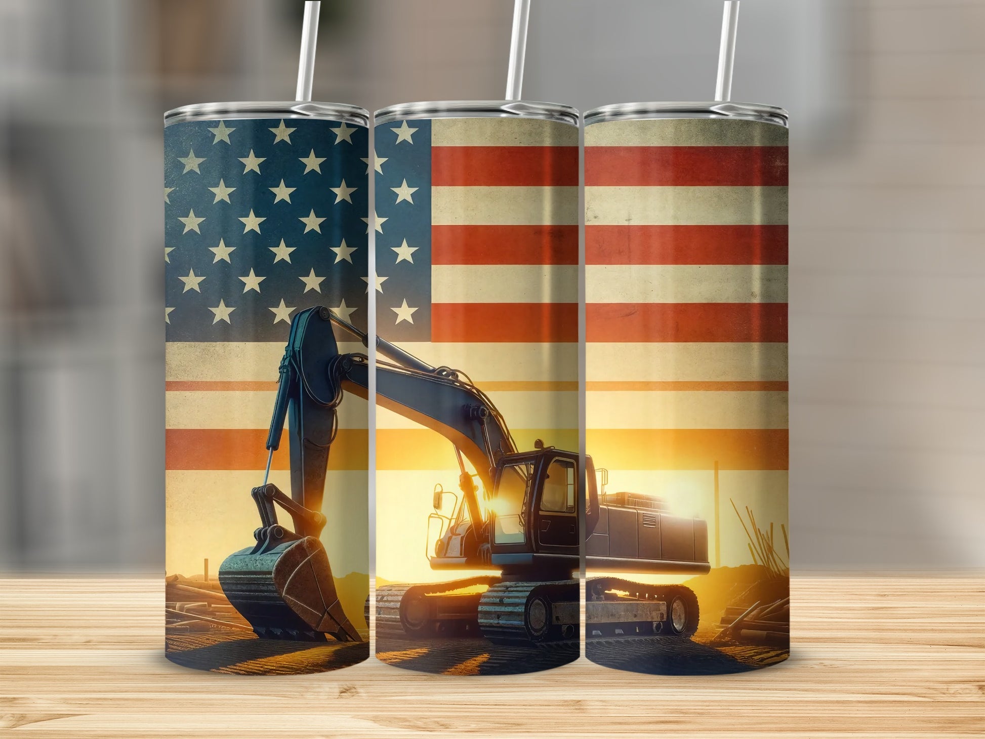Excavator in front of American flag and sunset, on a tumbler.