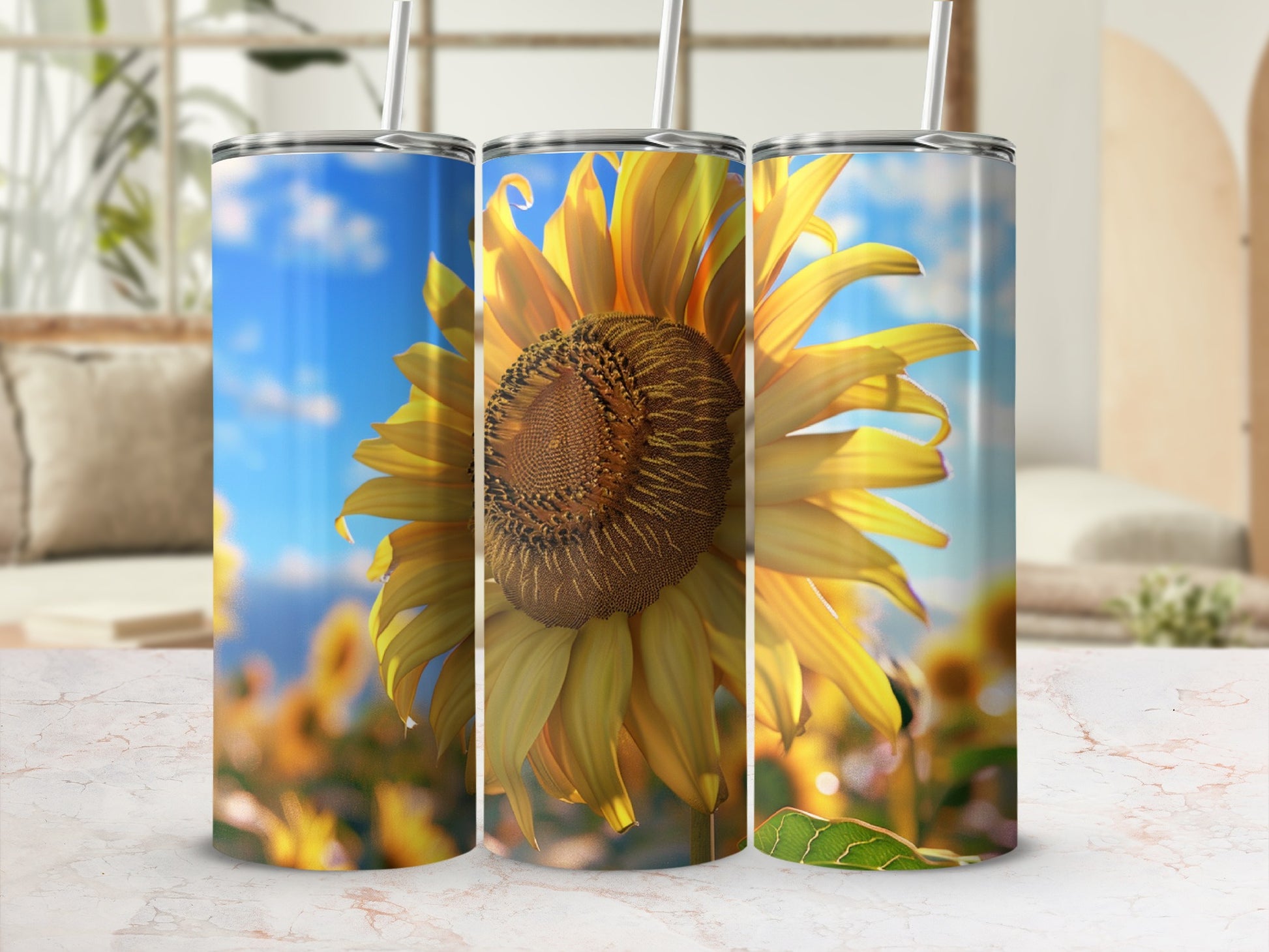 Sunflowers in a field against a blue sky on a tumbler.