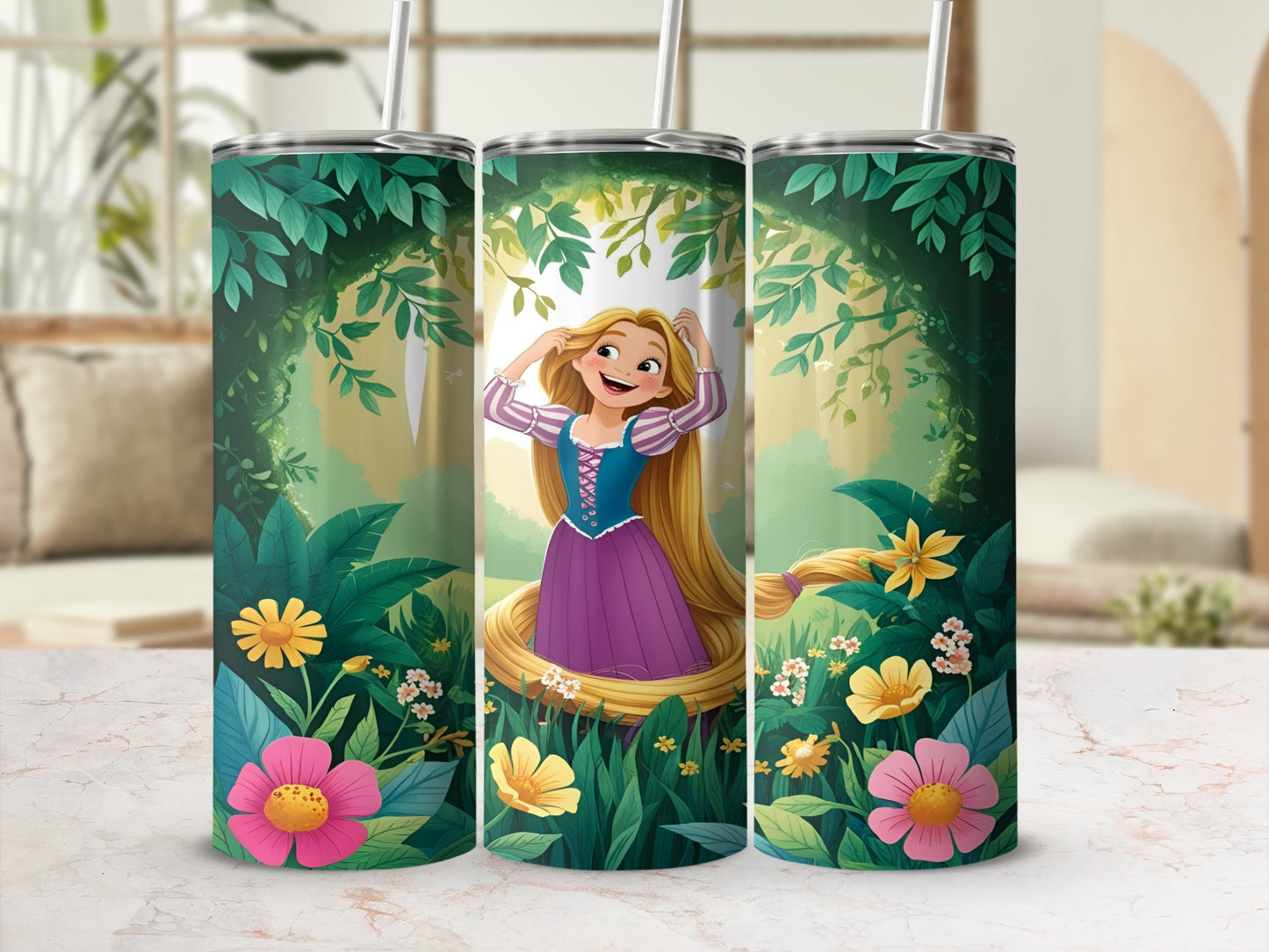 Tangled Rapunzel tumbler with flowers and leaves.