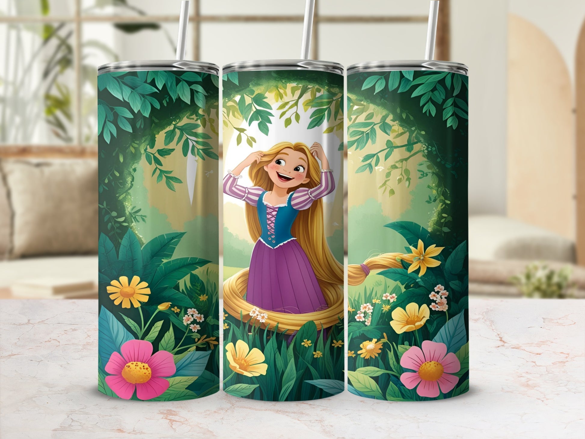 Tangled Rapunzel tumbler with flowers and leaves.