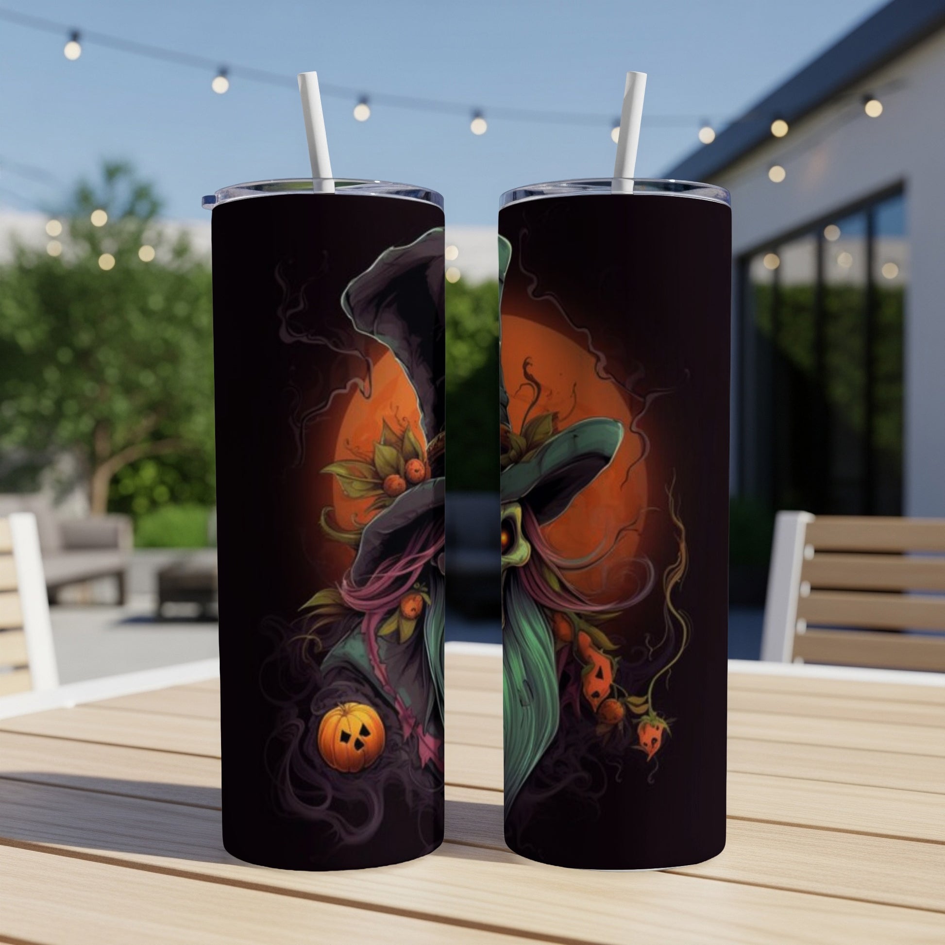 Halloween witch tumbler with pumpkins and a full moon illustration.