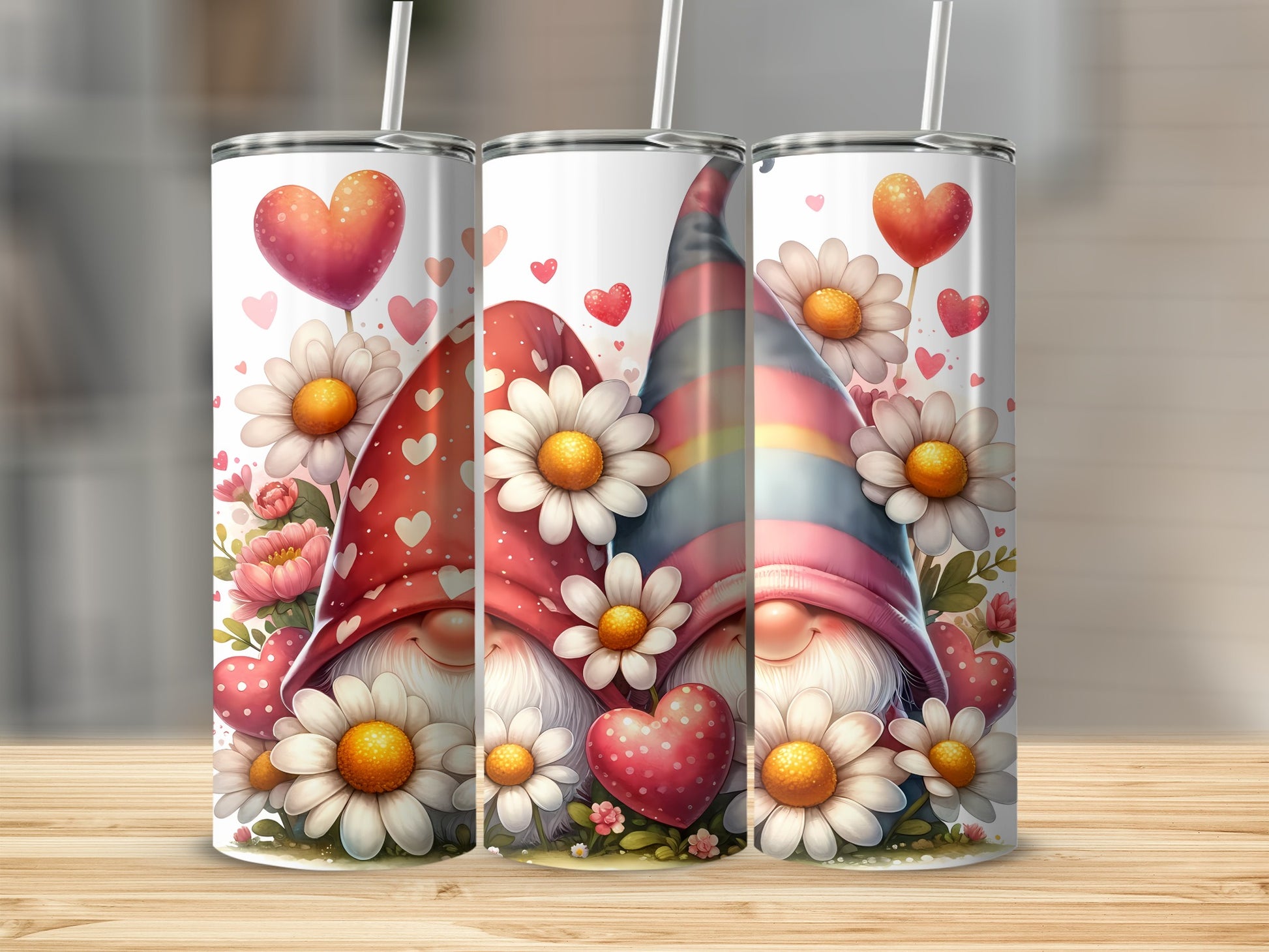Three gnomes with daisies and hearts on tumblers.