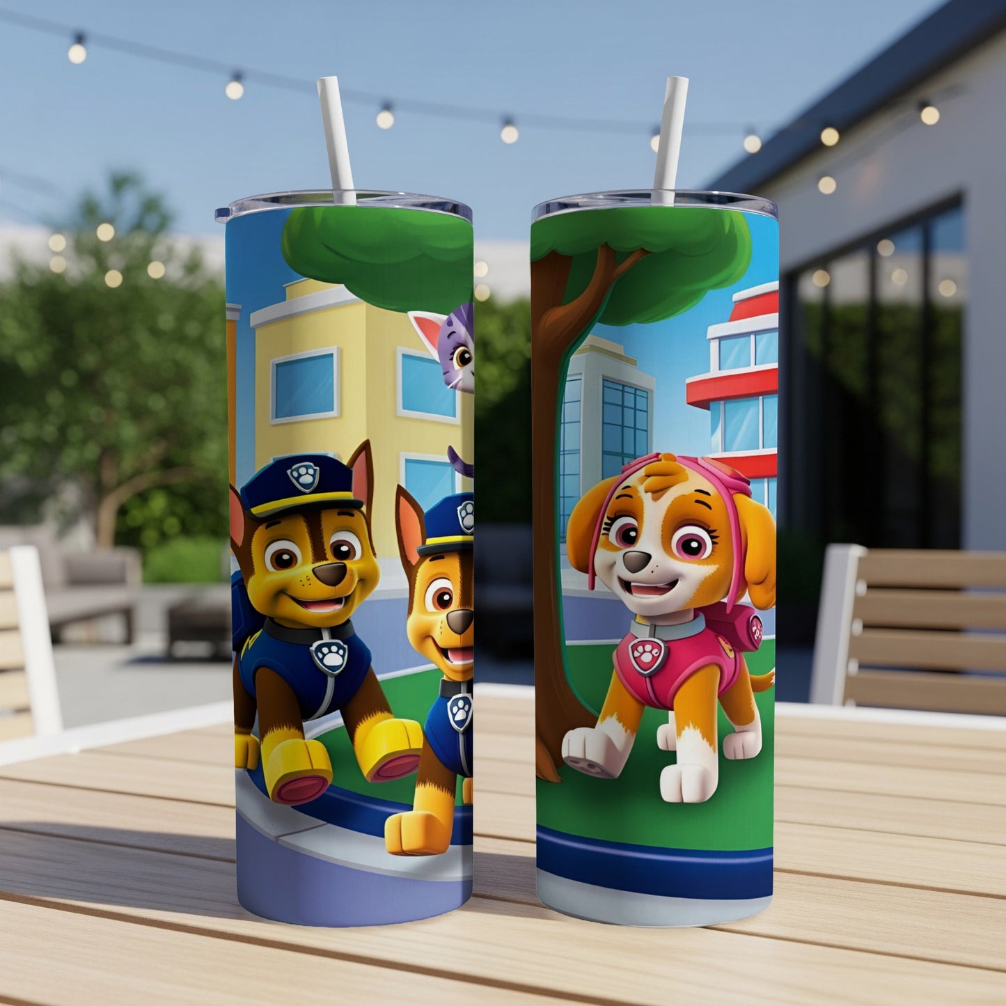 Two Paw Patrol tumblers on a table, featuring Chase and Skye.