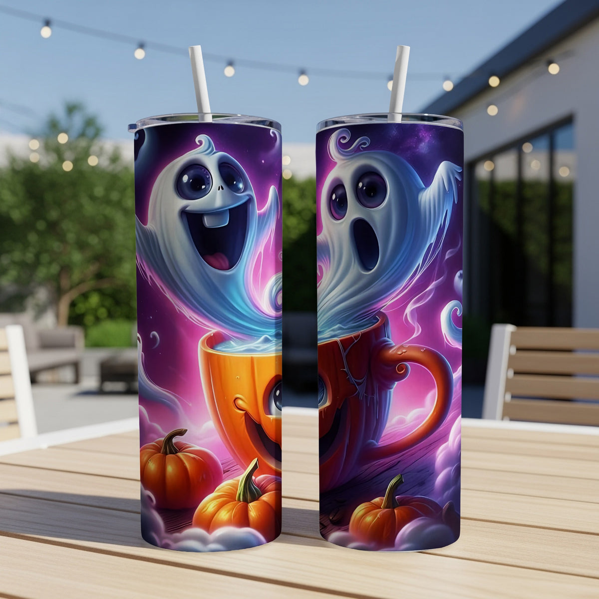 Two tumblers with Halloween ghosts emerging from jack-o'-lantern cups and mini pumpkins.