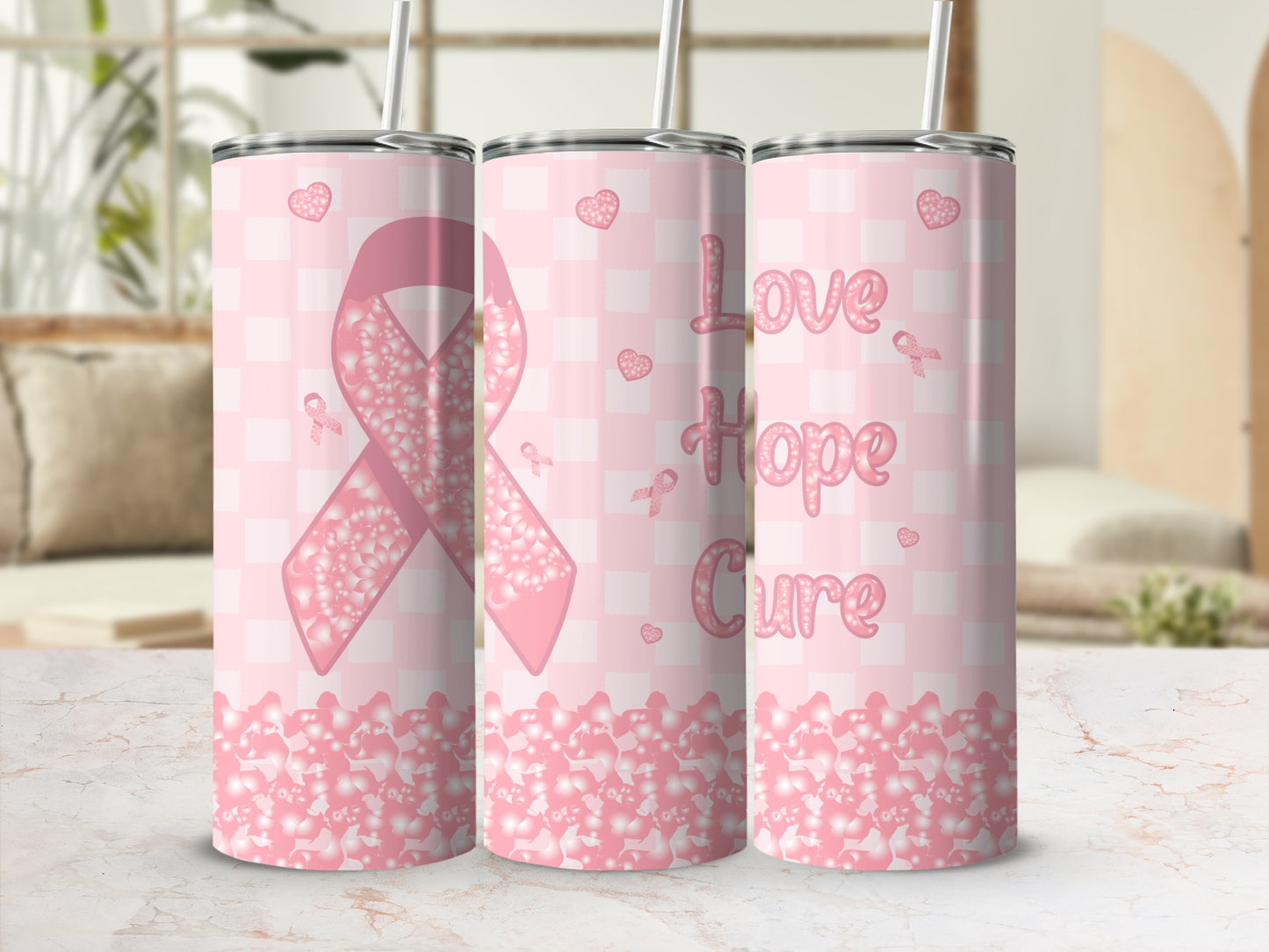Pink ribbon tumbler with "Love Hope Cure" text on a pink checkered background.