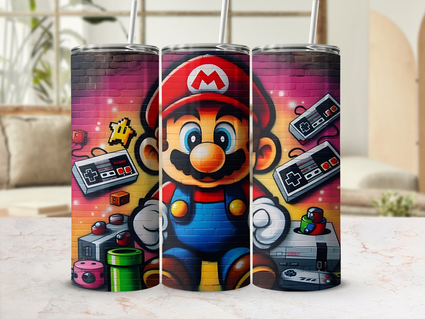 Retro Gaming Themed Tumbler With Iconic Characters