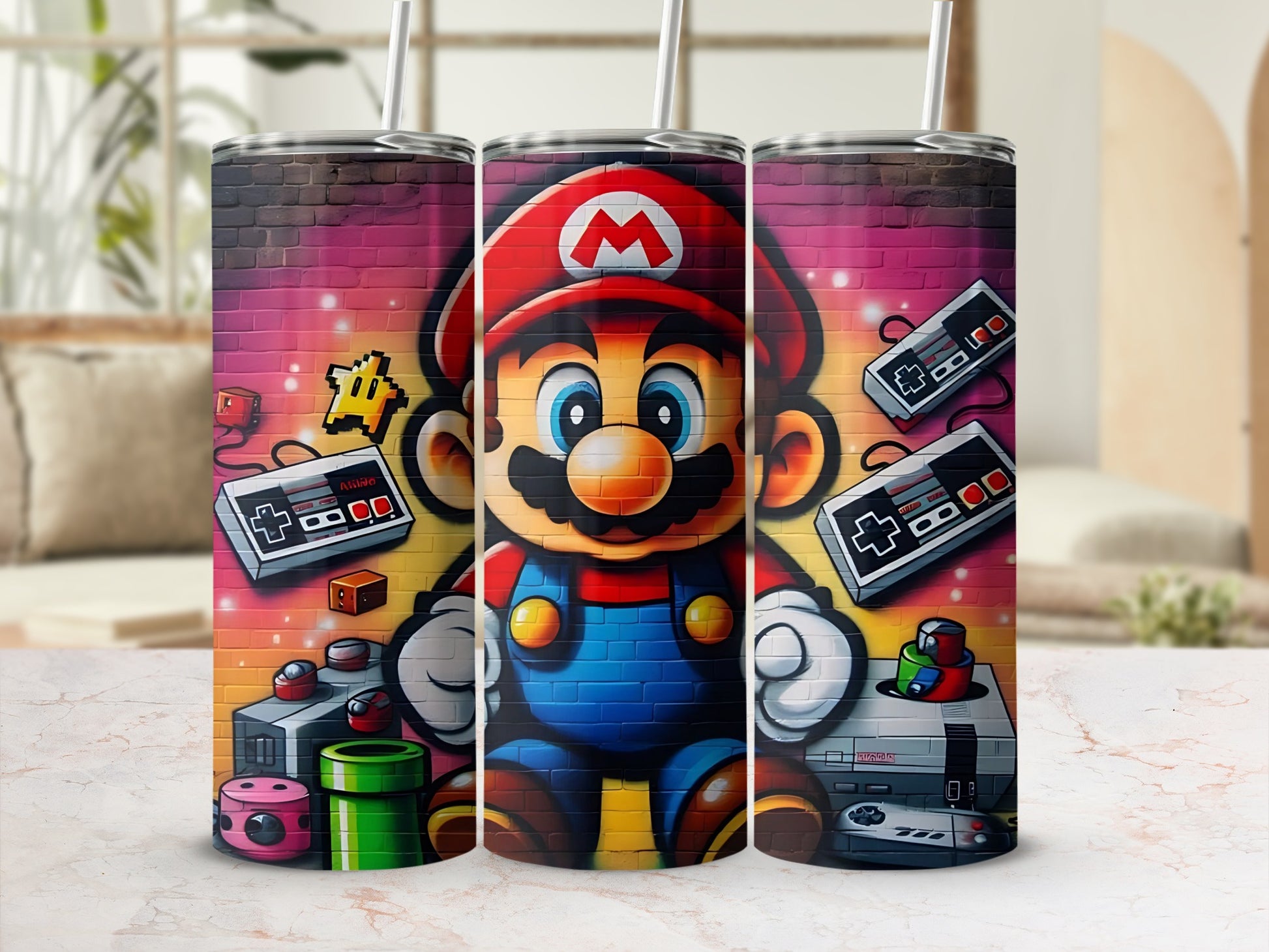 Retro Gaming Themed Tumbler With Iconic Characters