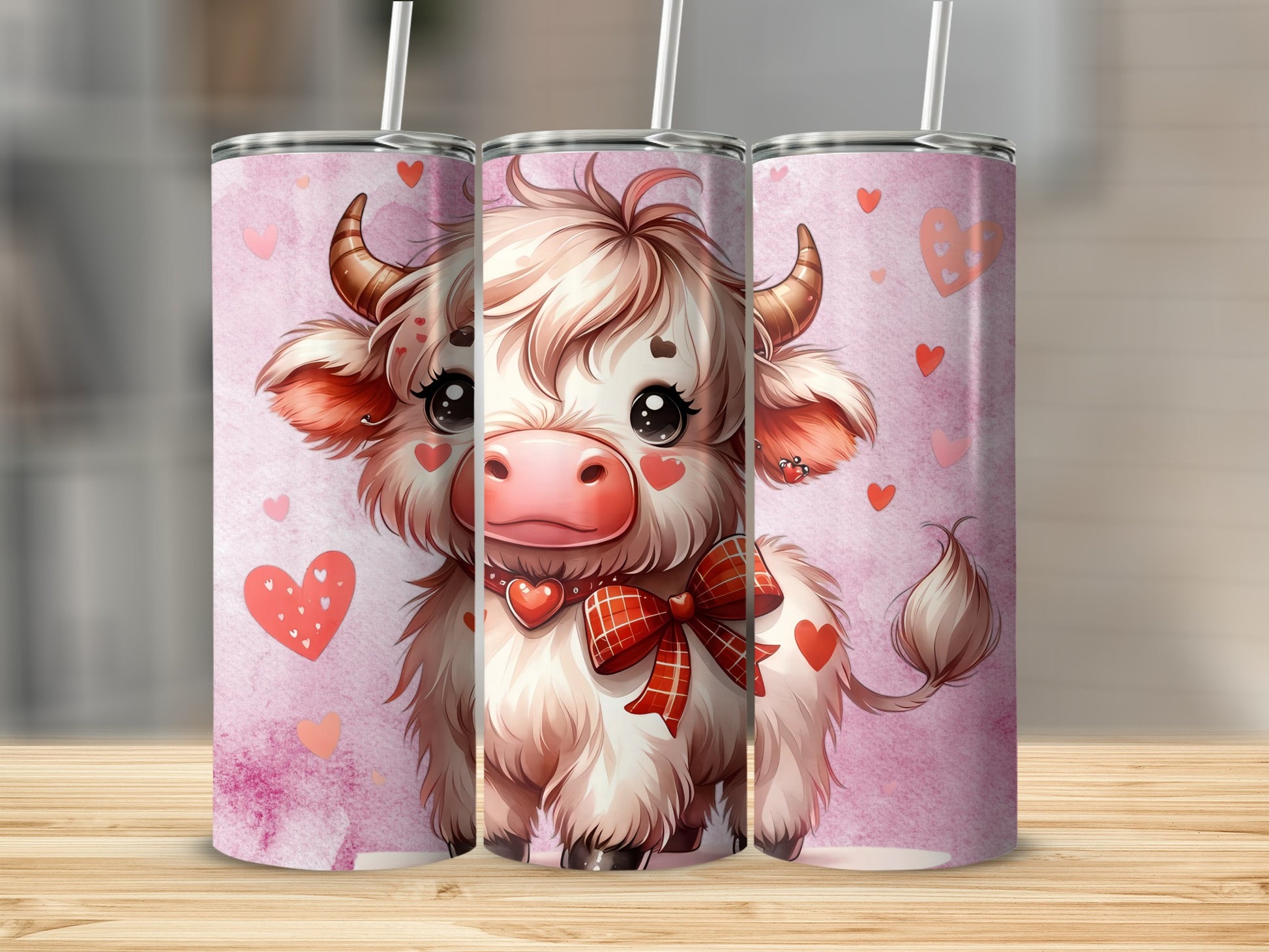 Cute Cow With Hearts Design Tumbler With Straw