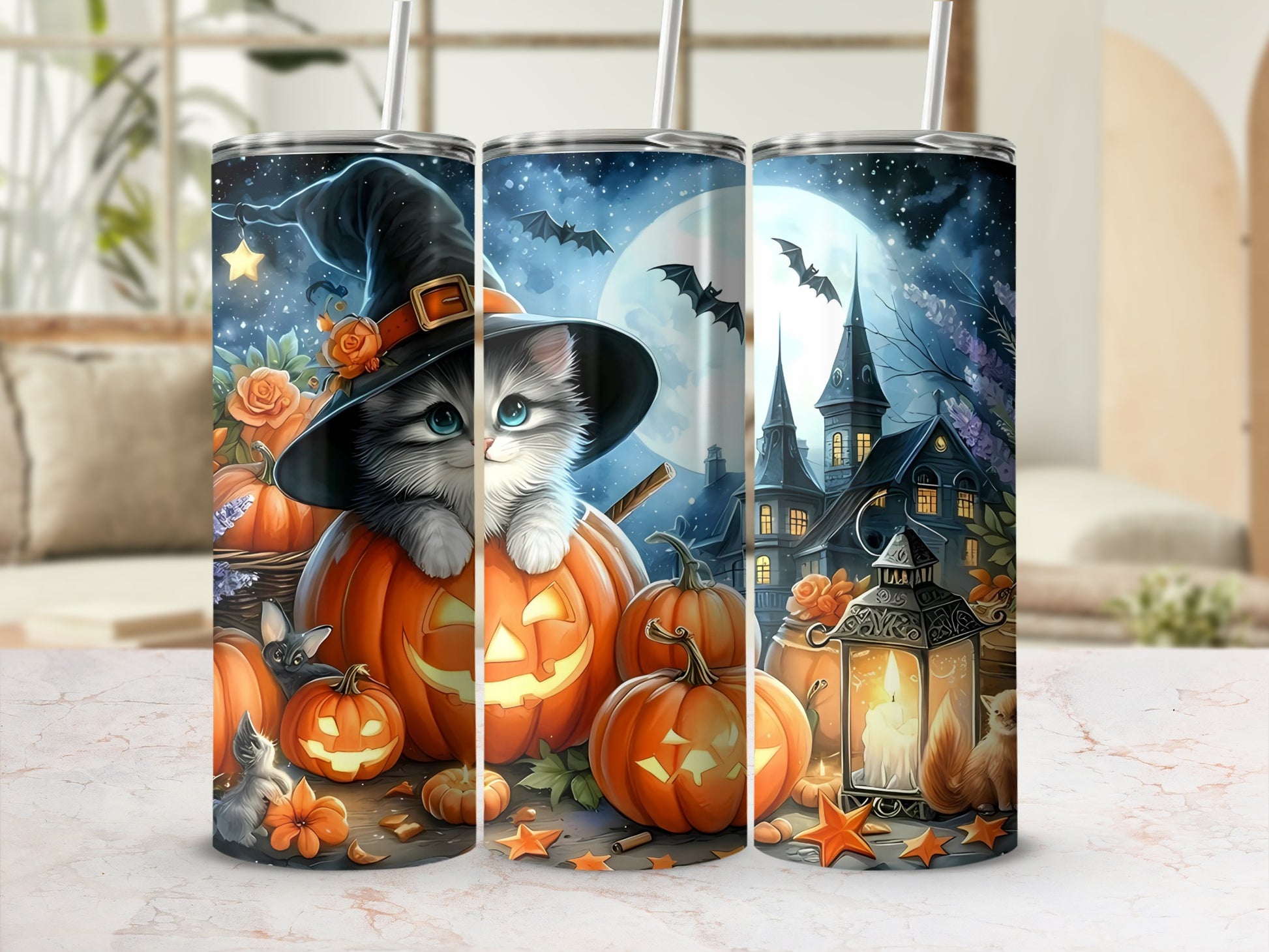 Three tumblers feature Halloween art with cats, pumpkins, and haunted houses under a full moon.