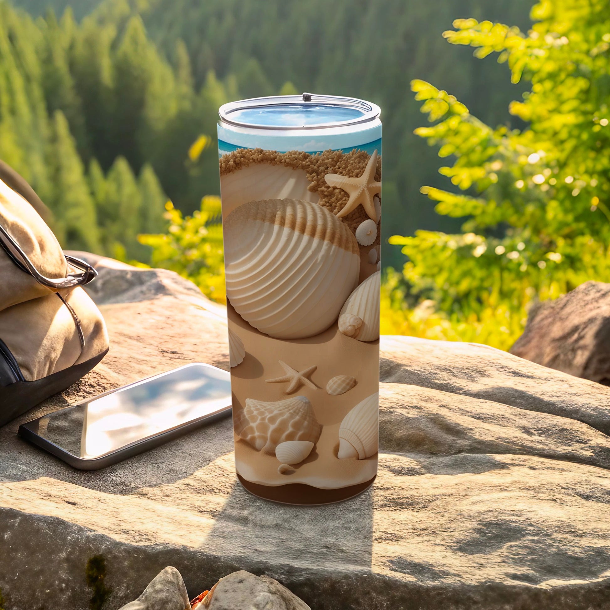 Beach-themed tumbler with seashells and starfish on a sand background.