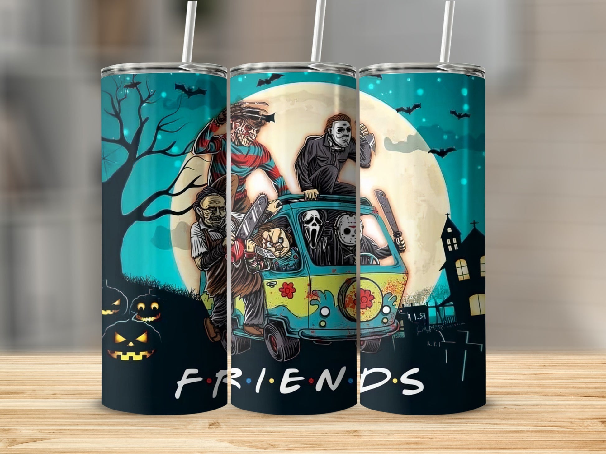 Horror movie characters on a van with "Friends" logo and spooky background.
