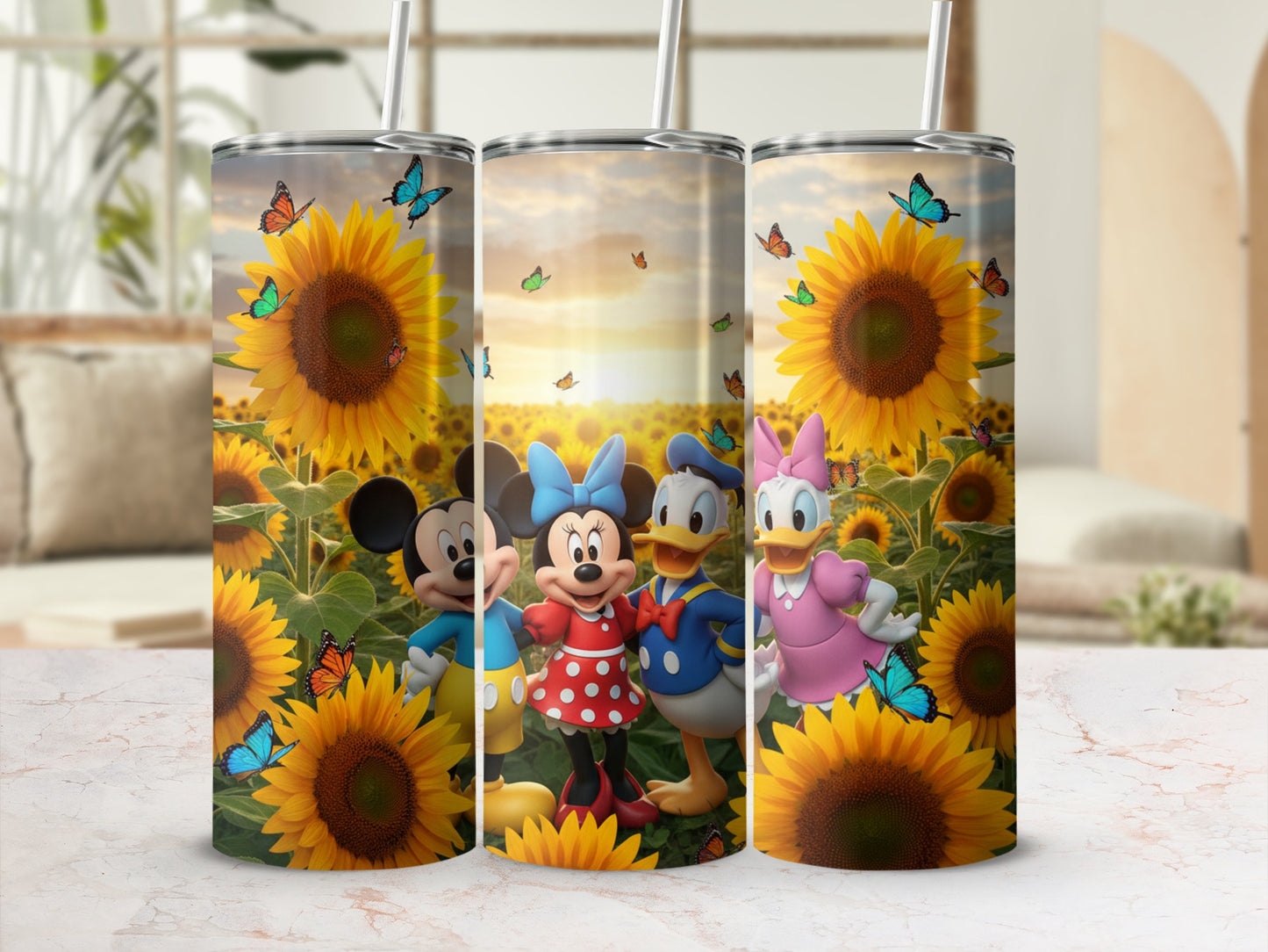 Disney Characters with Sunflowers and Butterflies Tumblers
