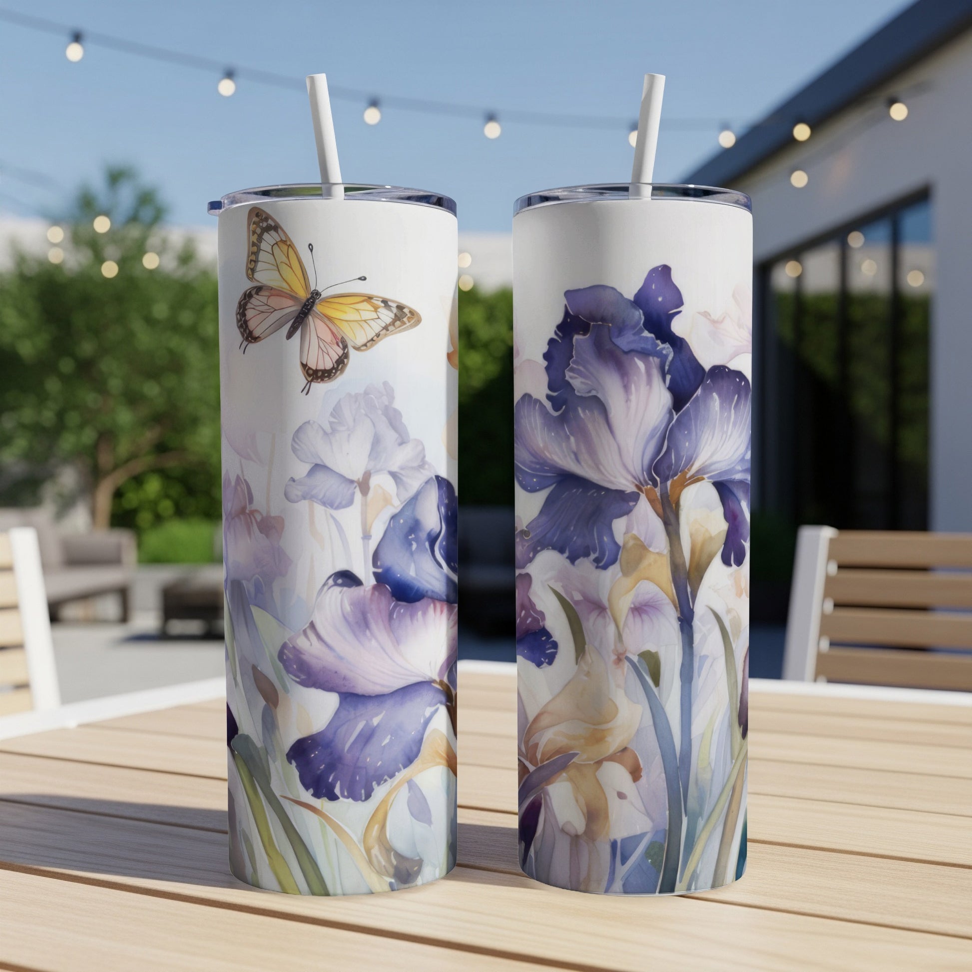 Two tumblers with watercolor iris flowers and a butterfly design.