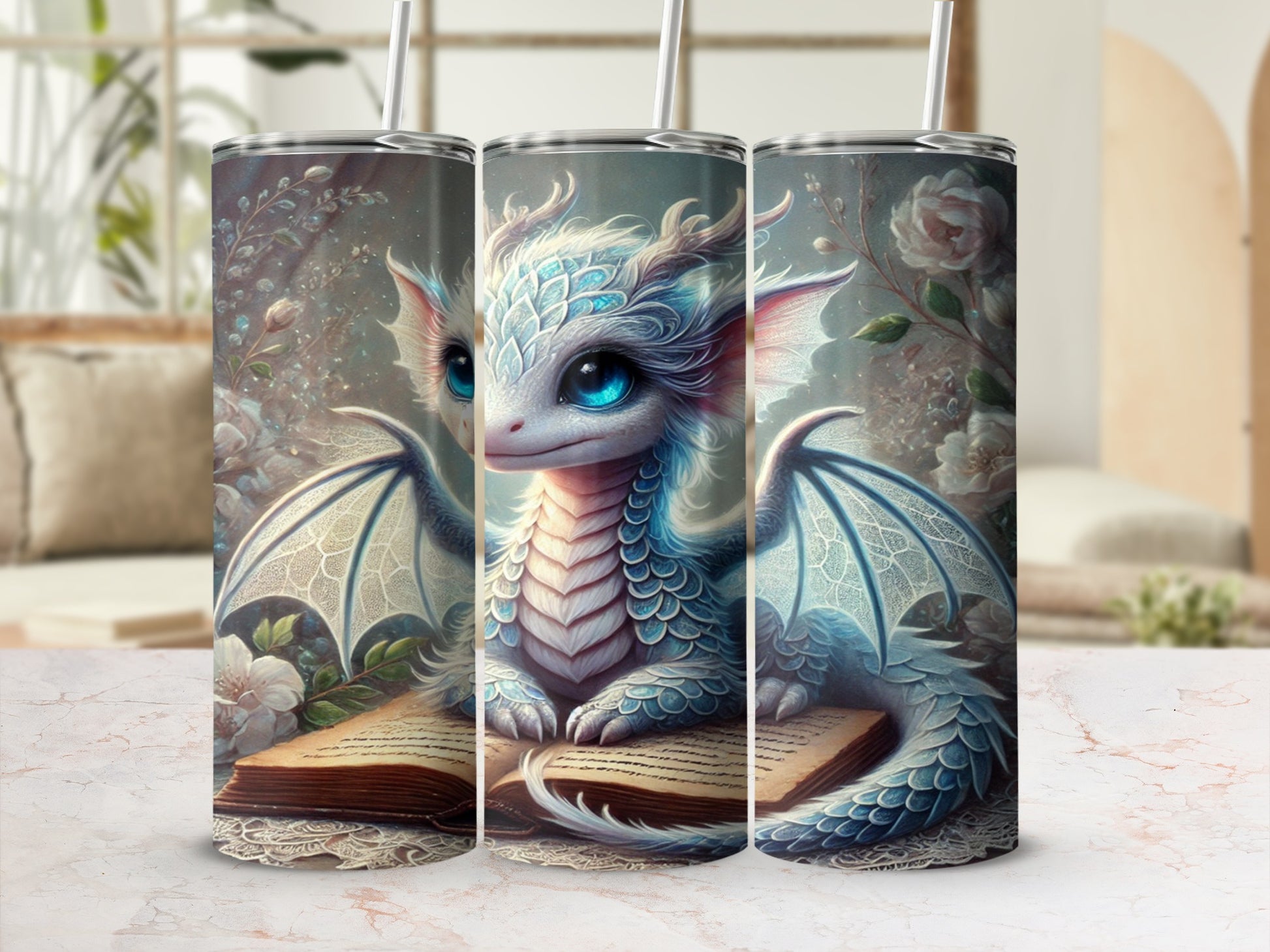 Cute Blue Dragon with Flowers and Book Tumbler