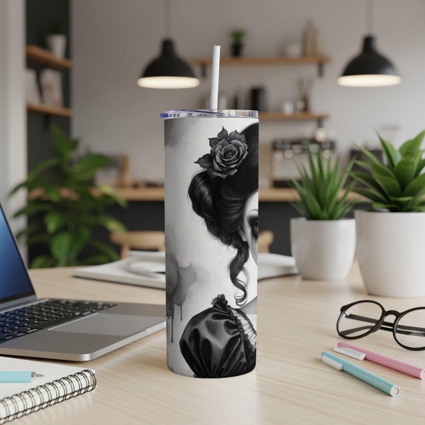Black and white illustration of a gothic woman on a tumbler.
