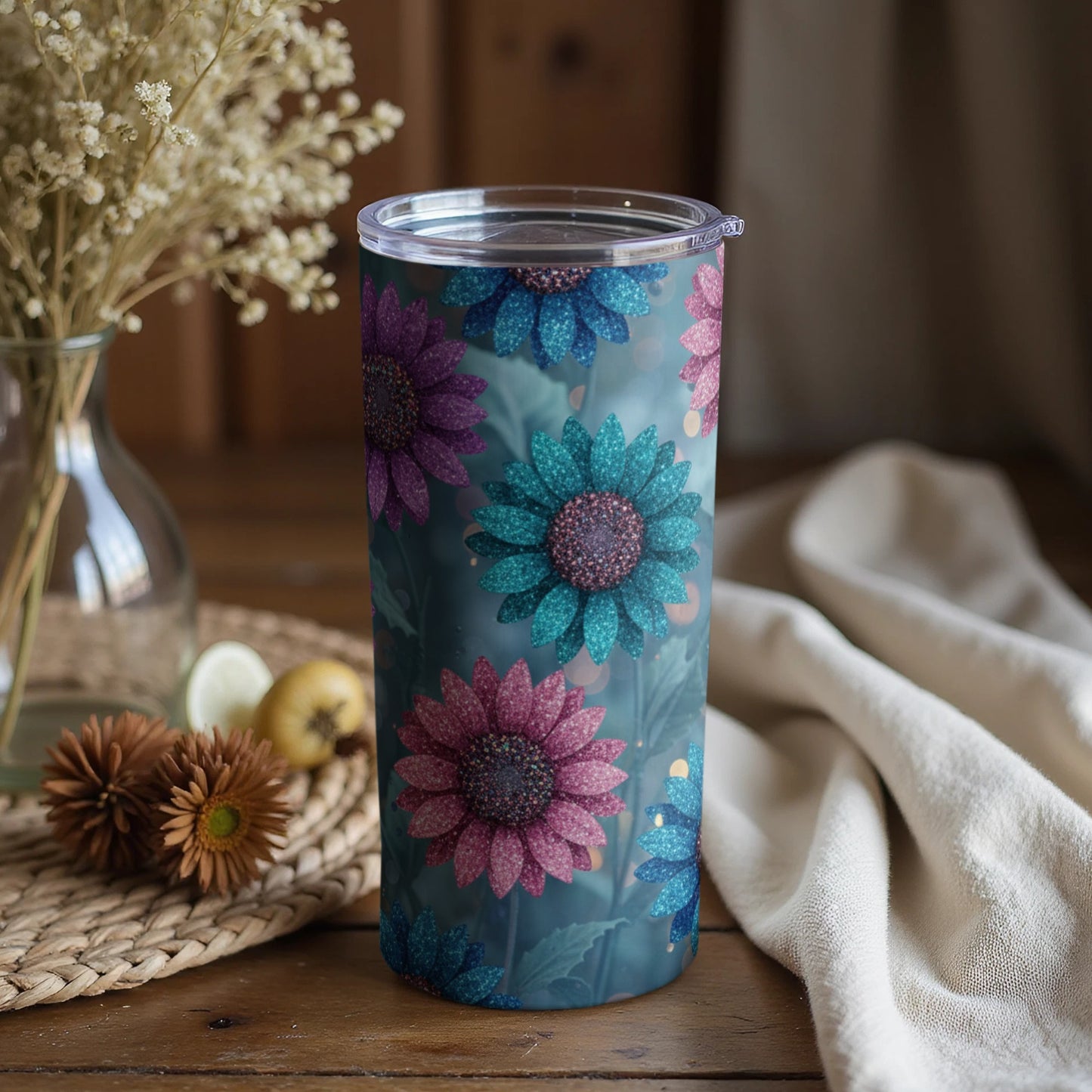 Colorful Floral Design Glitter Tumbler