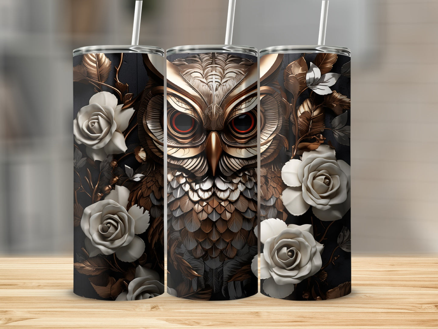 Triptych of white roses and an owl with metallic feathers.