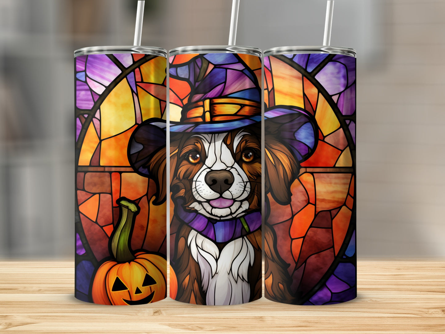 Dog wearing a witch hat and scarf with stained glass and pumpkin background.