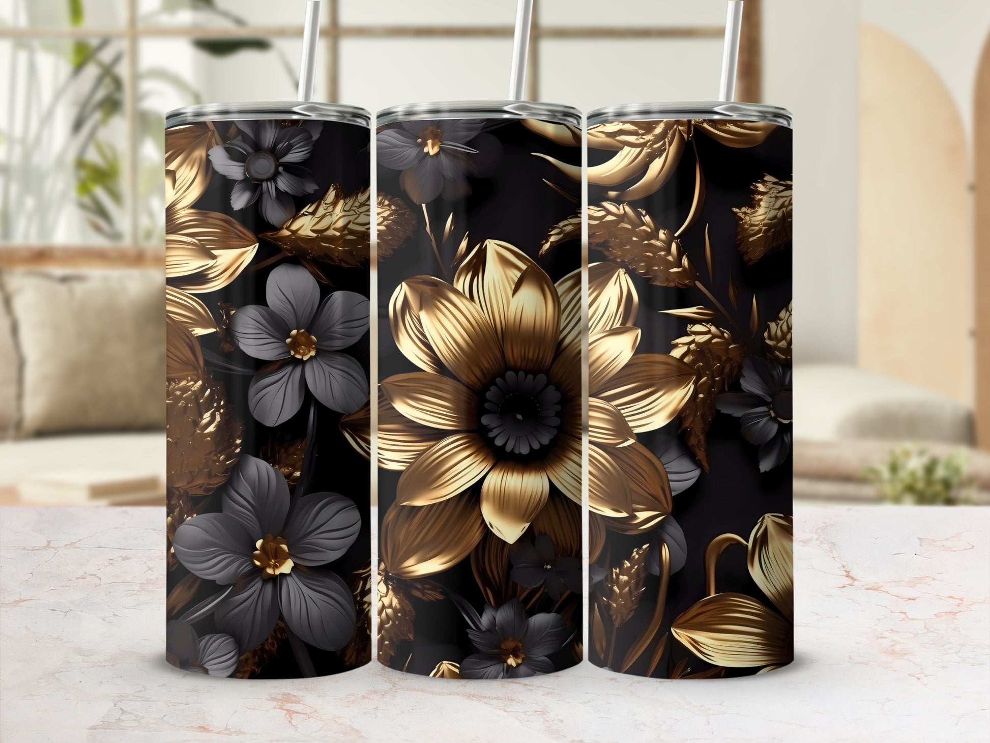 Elegant Black and Gold Floral Patterned Tumbler