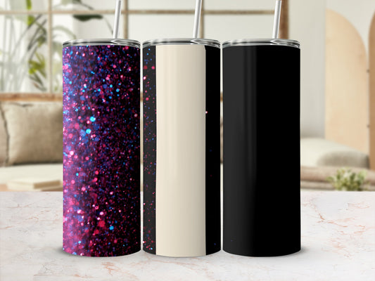 Three insulated tumblers: glitter, cream, and black, on a marble surface.