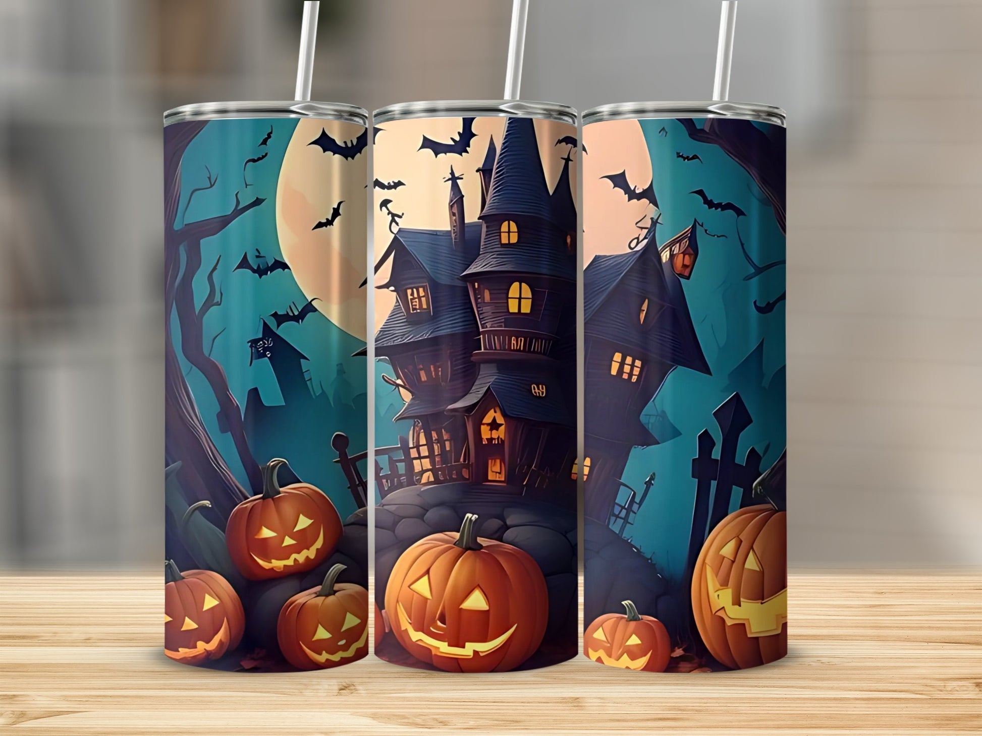 Haunted House and Pumpkins Halloween Tumbler Product