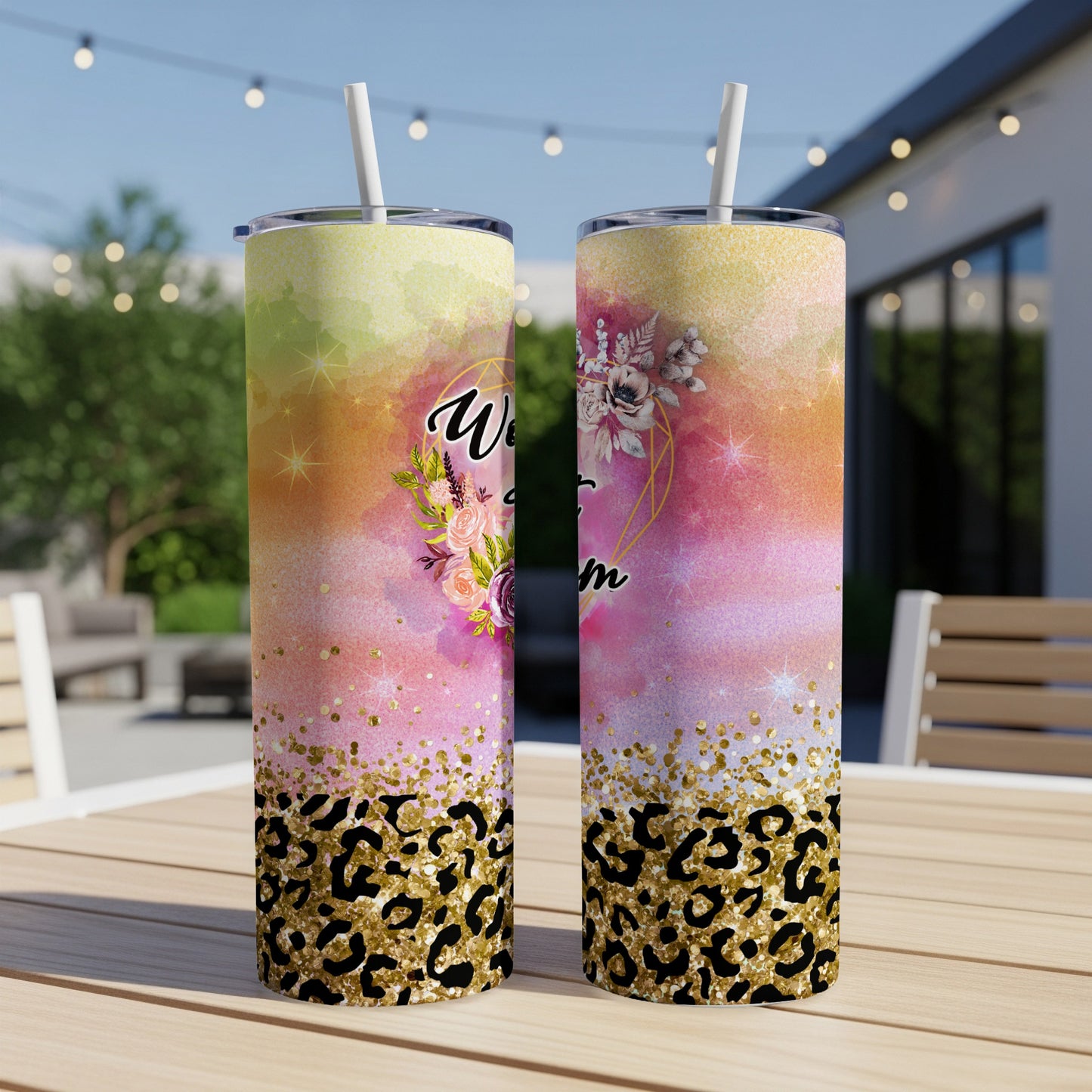 Two tumblers with "Welcome Home" text, floral accents, and leopard print.
