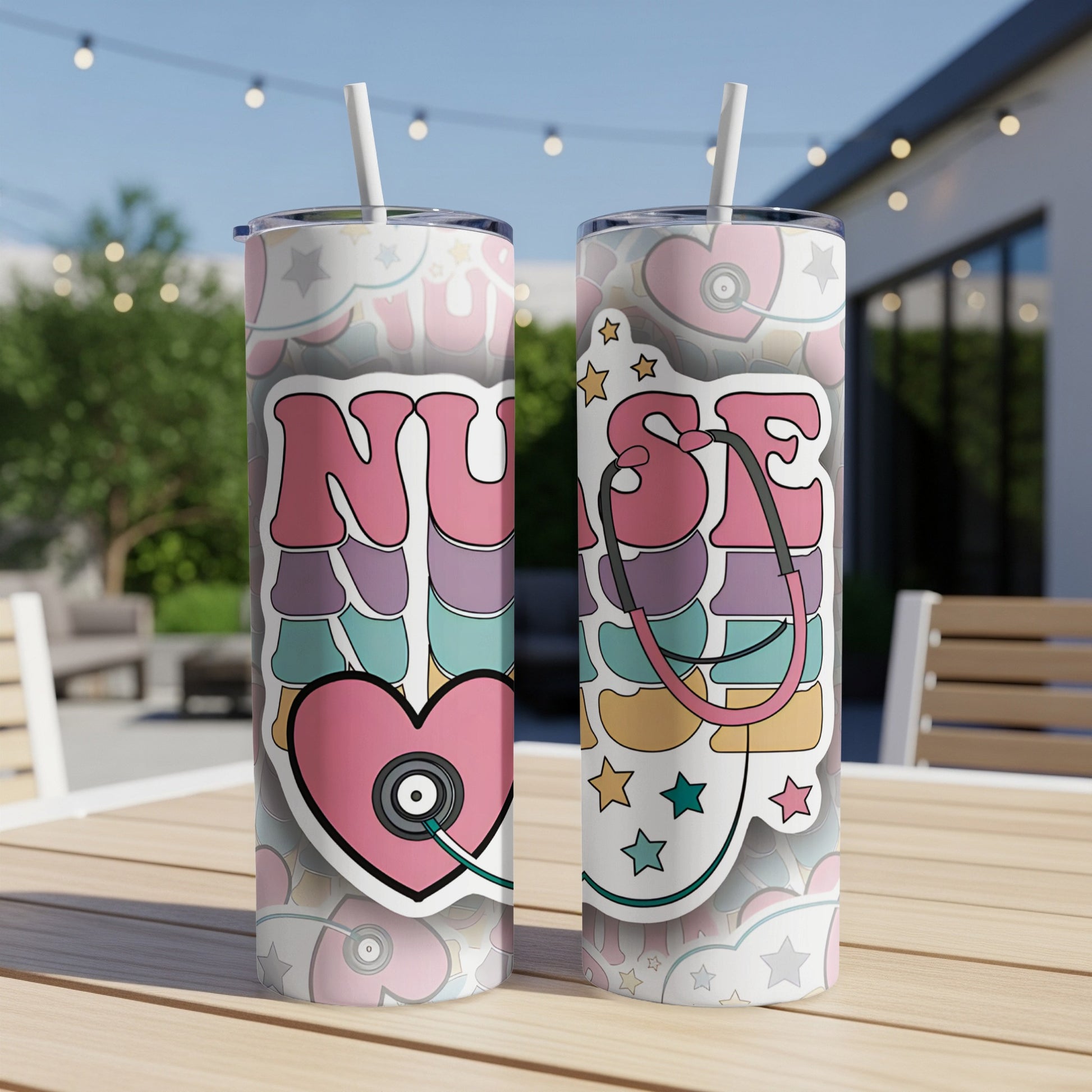 Tumbler with "NURSE" text, stethoscope, and heart graphic.