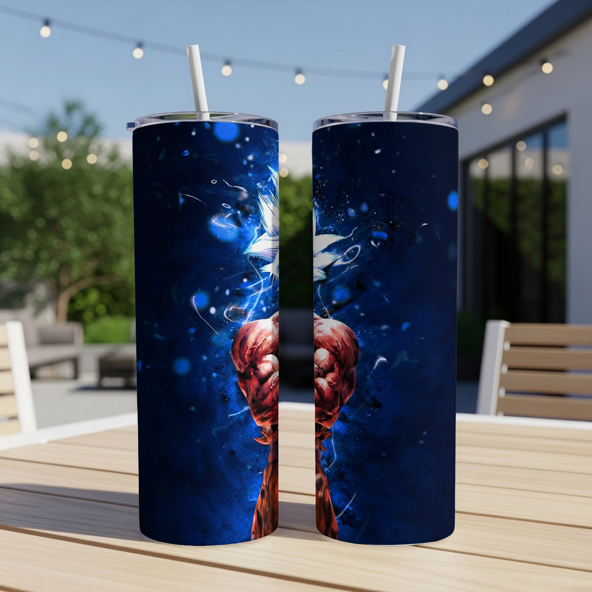 Two tumblers with a stylized dragon and flames against a dark blue, starry background.