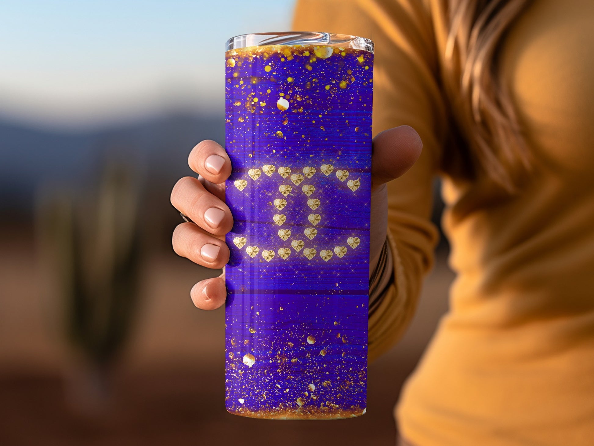 Glittery Purple Tumbler with Gold Heart Design