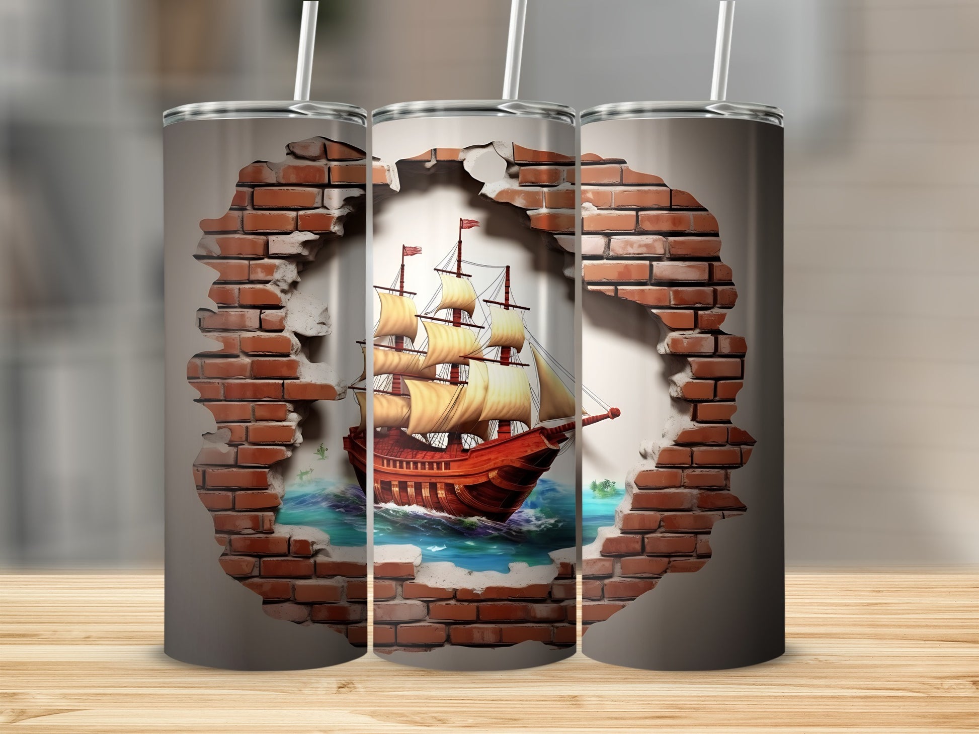 Vintage Ship Through Brick Wall Tumbler Design