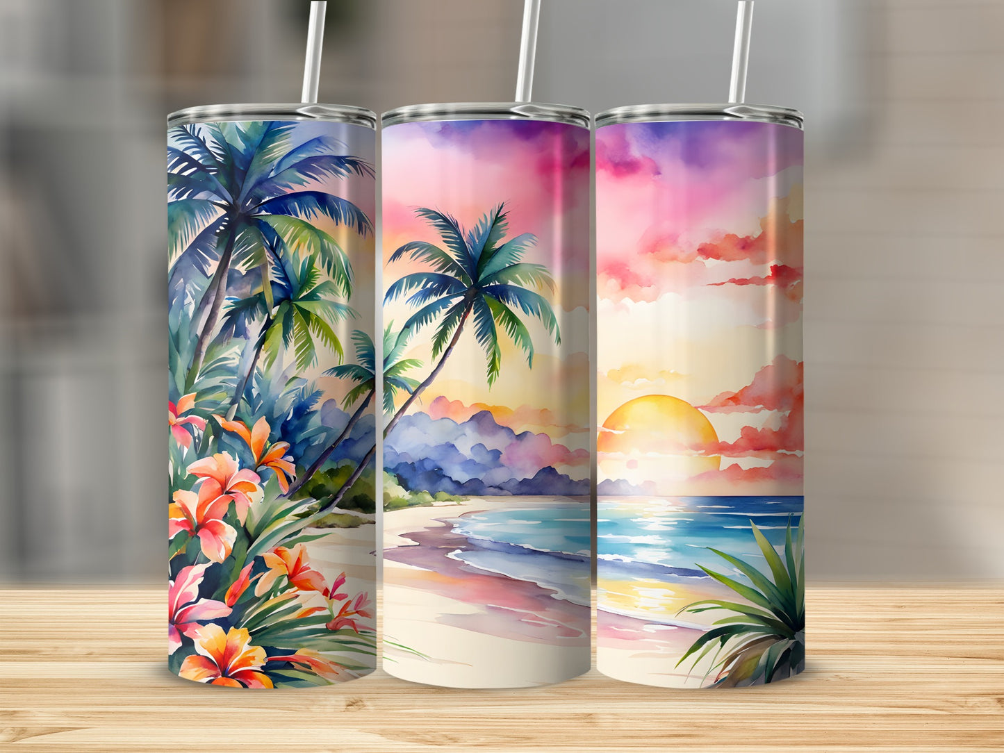 Three tumblers featuring tropical beach sunset watercolor art.