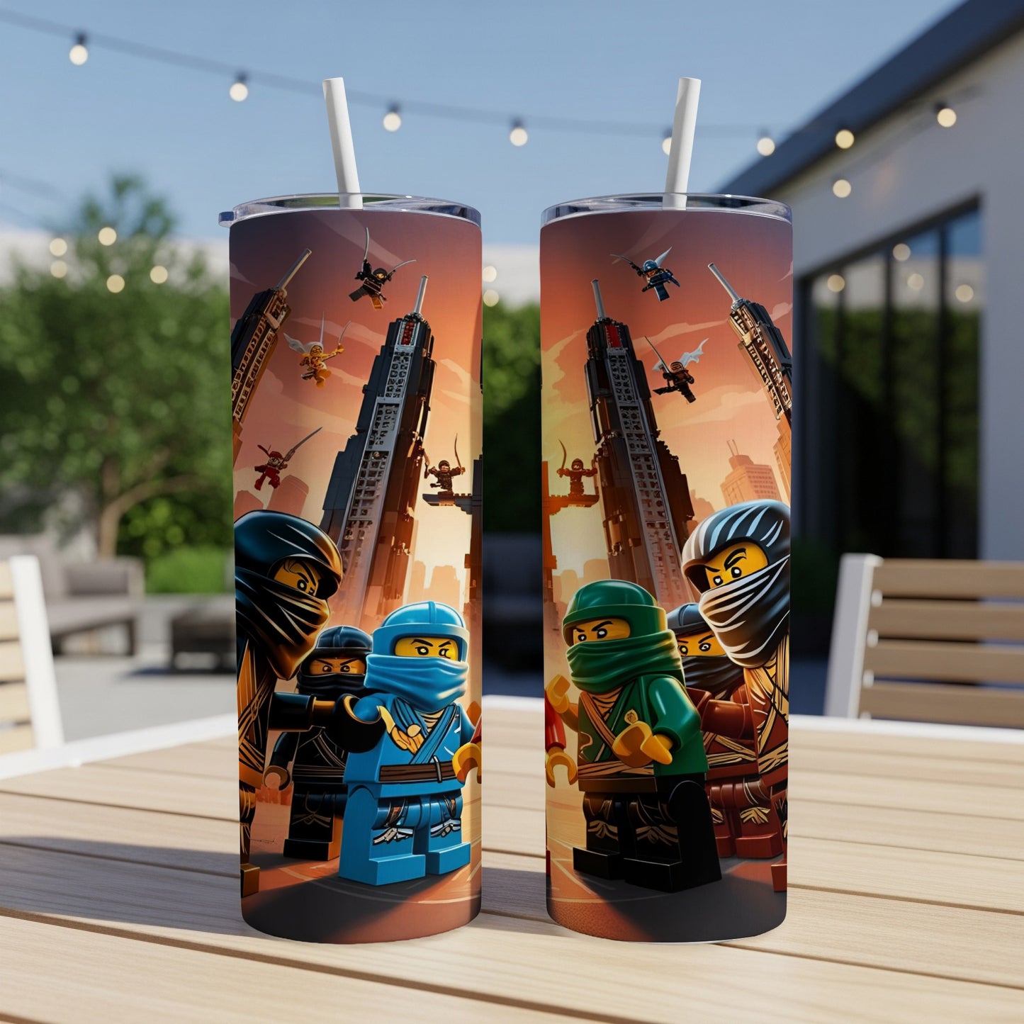 Ninjago characters stand before a city skyline with skyscrapers and flying vehicles.