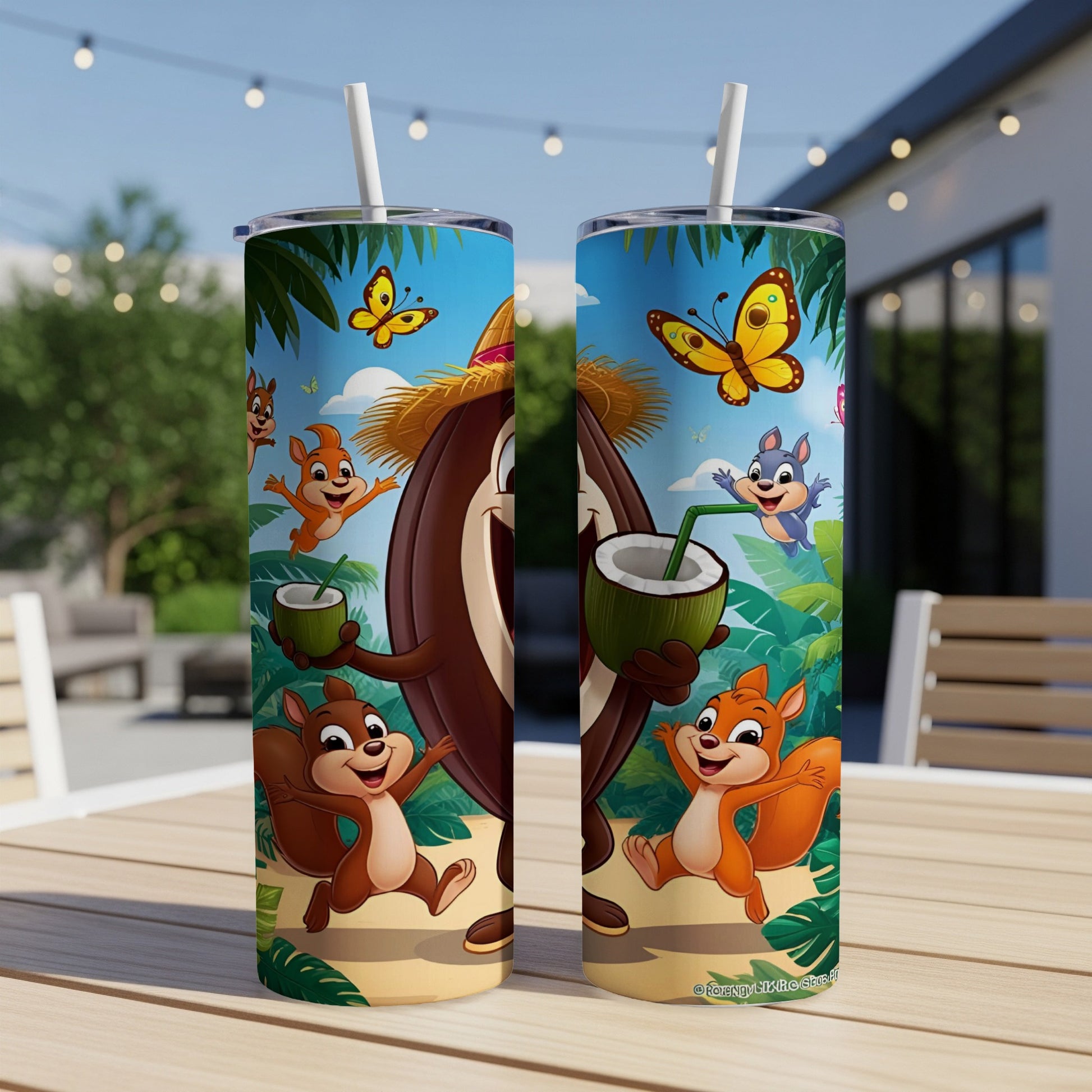 Cartoon coconut and squirrels with coconuts, surrounded by jungle foliage and butterflies.