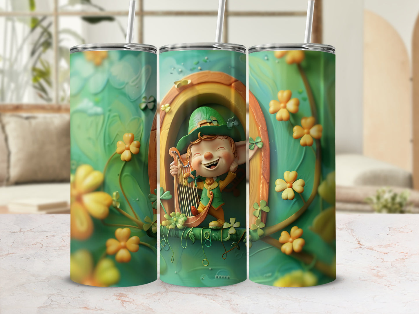 St. Patrick's Day tumbler with leprechaun playing harp amidst shamrocks and rainbow.