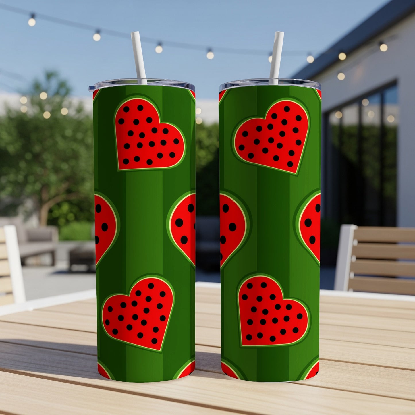 Two tumblers with a repeating watermelon heart pattern on a green background.