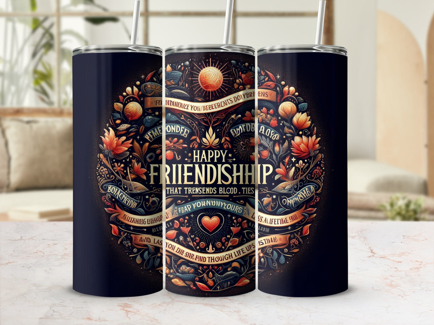 Happy Friendship Floral Design Tumbler with Straw