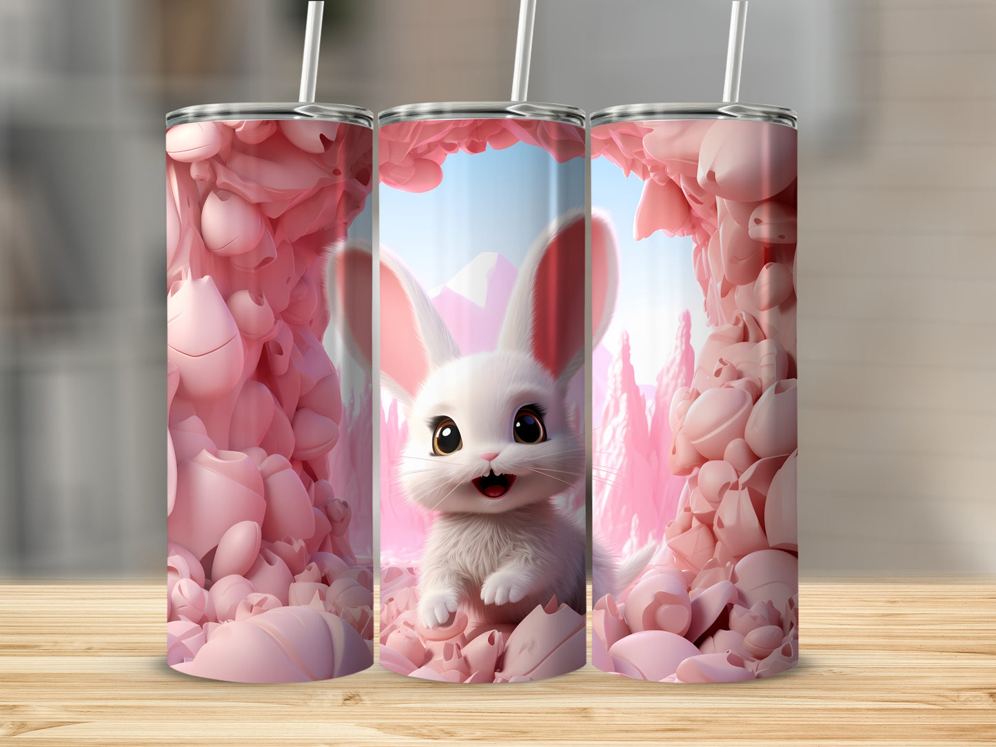 Adorable Bunny and Pink Floral Landscape Tumbler