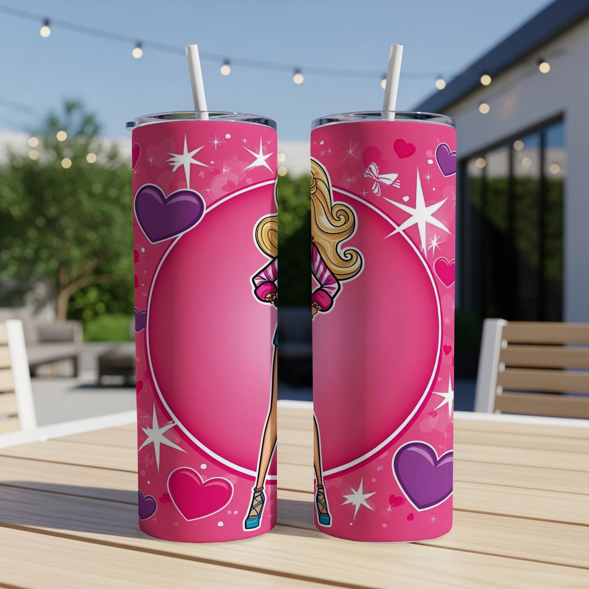 Pink heart background with Barbie character and stars.